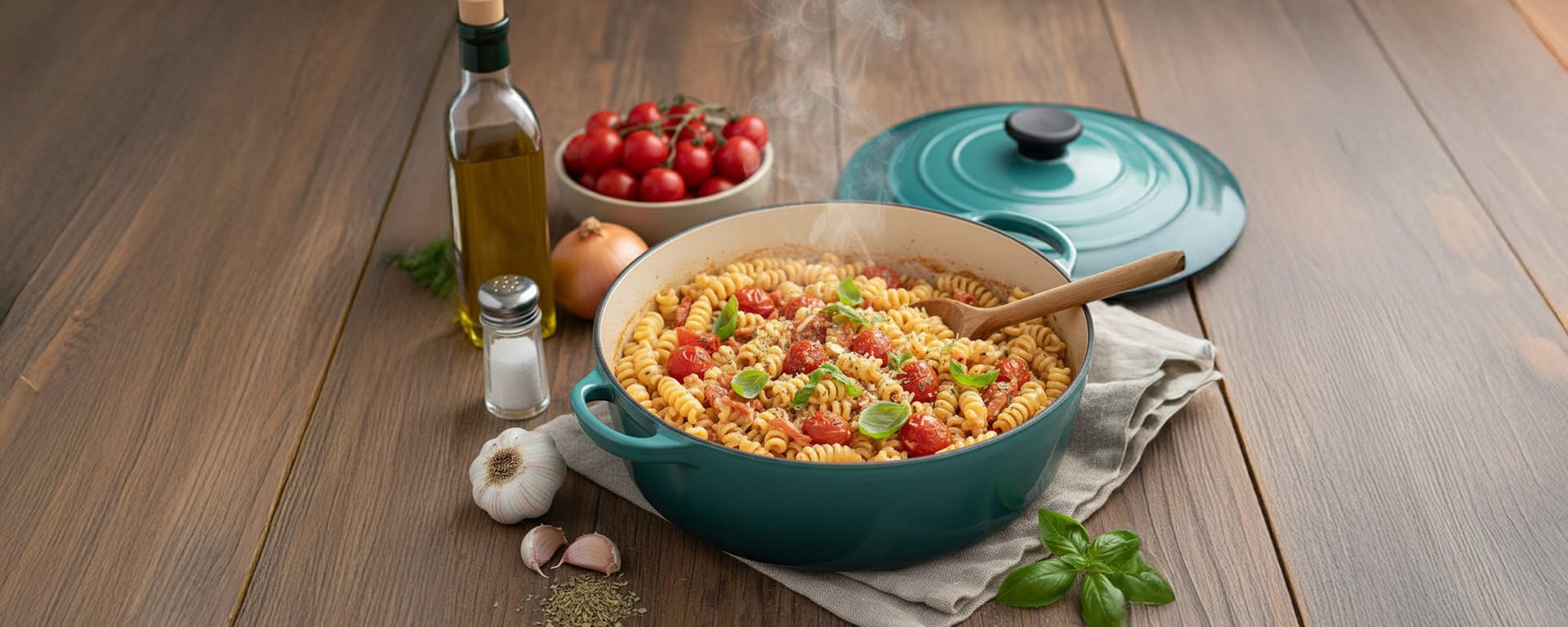 Dampfende One-Pot-Pasta mit Tomaten und Basilikum im türkisfarbenen Gusseisentopf auf Holztisch.