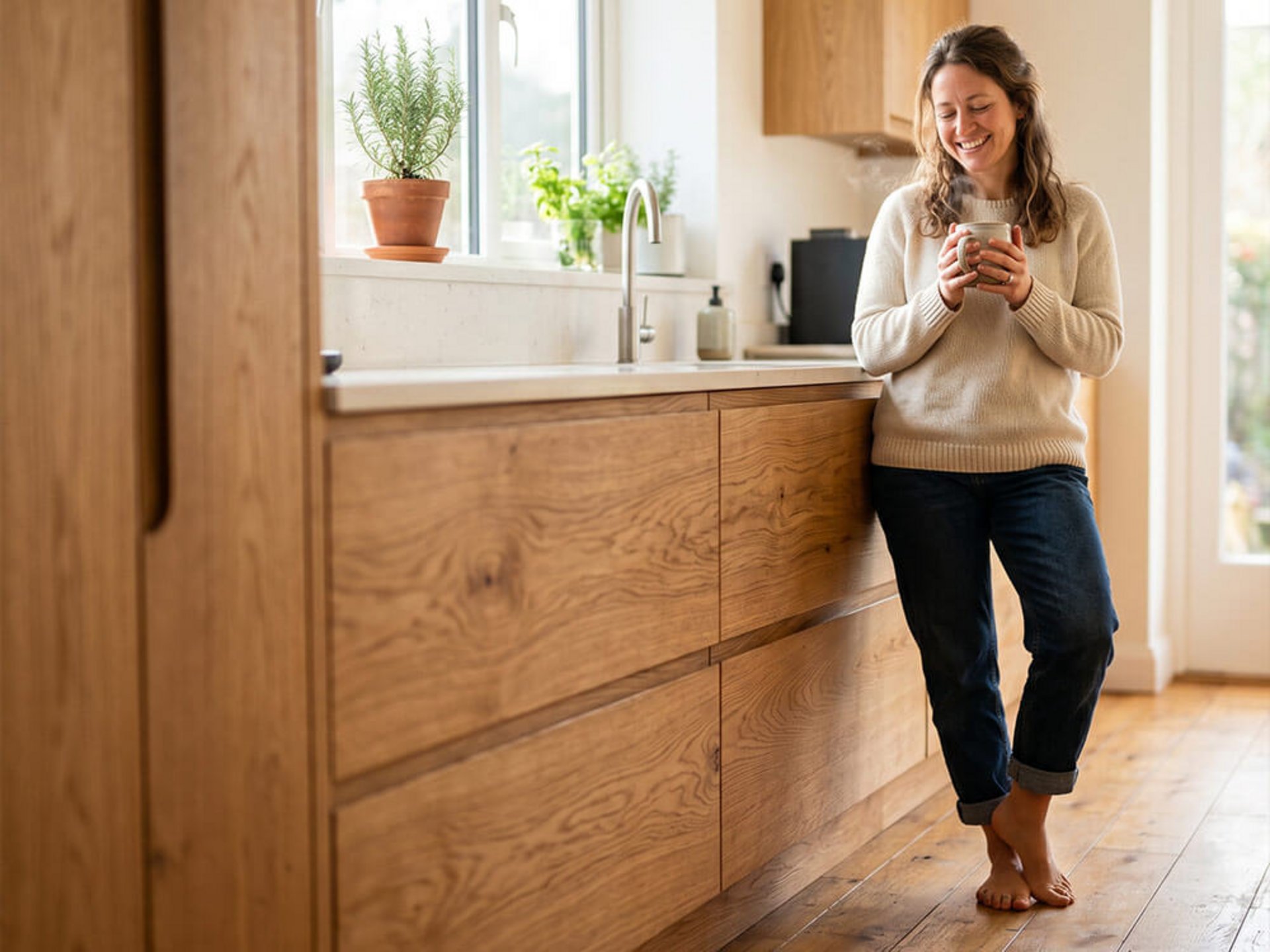 Helle Küche mit Holzfronten, Pflanzen und wohnlicher Atmosphäre