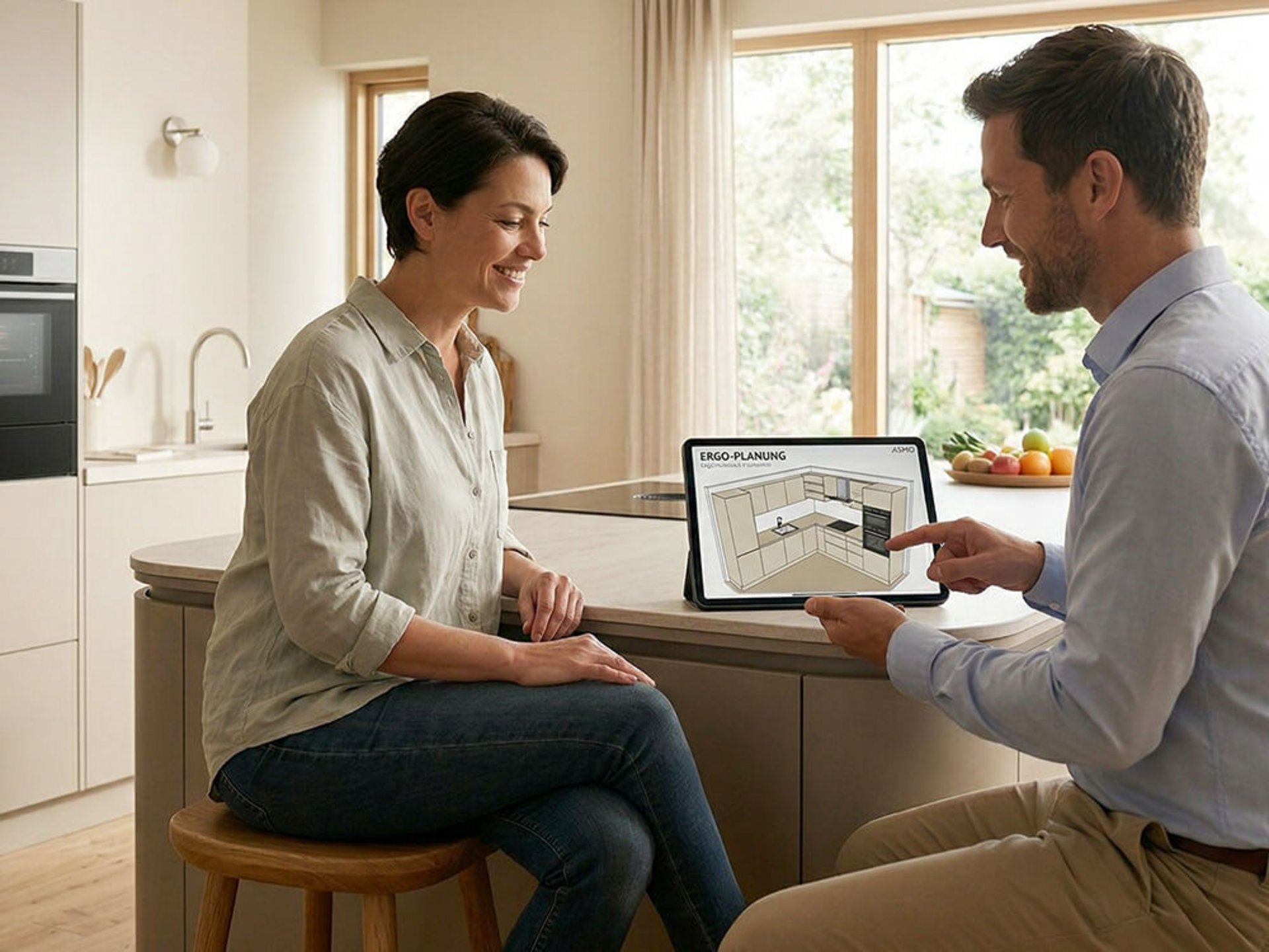 Beratungsgespräch in einer modernen Küche mit Tablet zur Planung einer funktionalen Backküche.