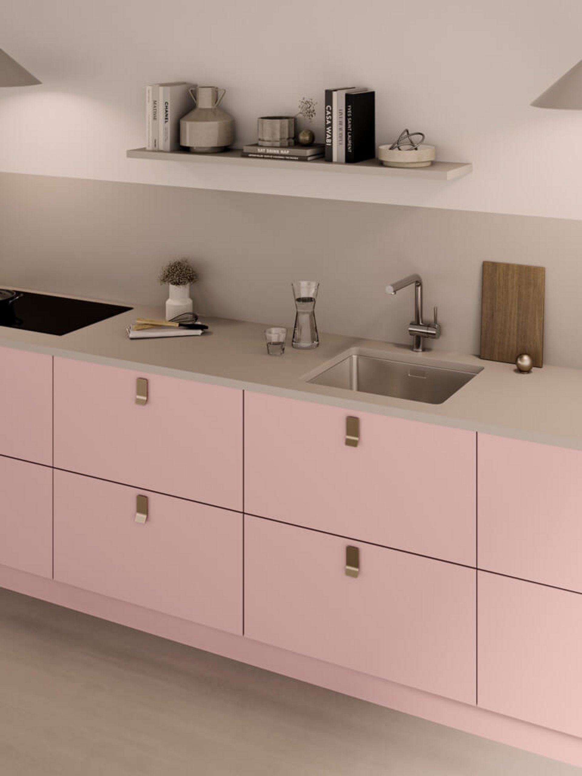 LEICHT Hygge Küche in Schlammpink mit quadratischen Metallgriffen und abgestimmter Wandgestaltung