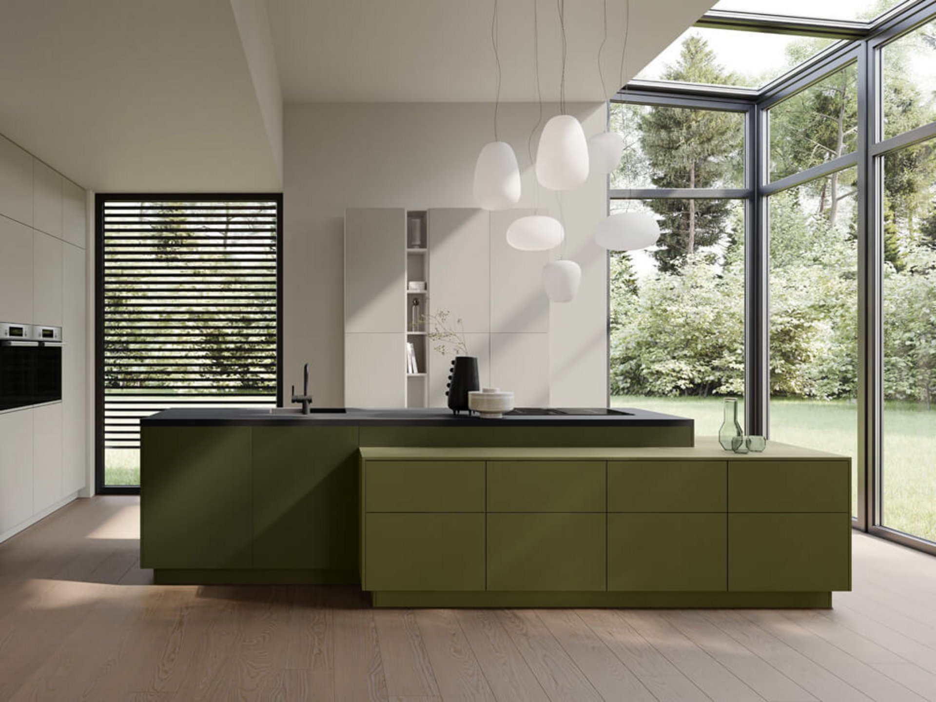 Design-Einbauküche mit grüner Kücheninsel und offenem Wohnbereich