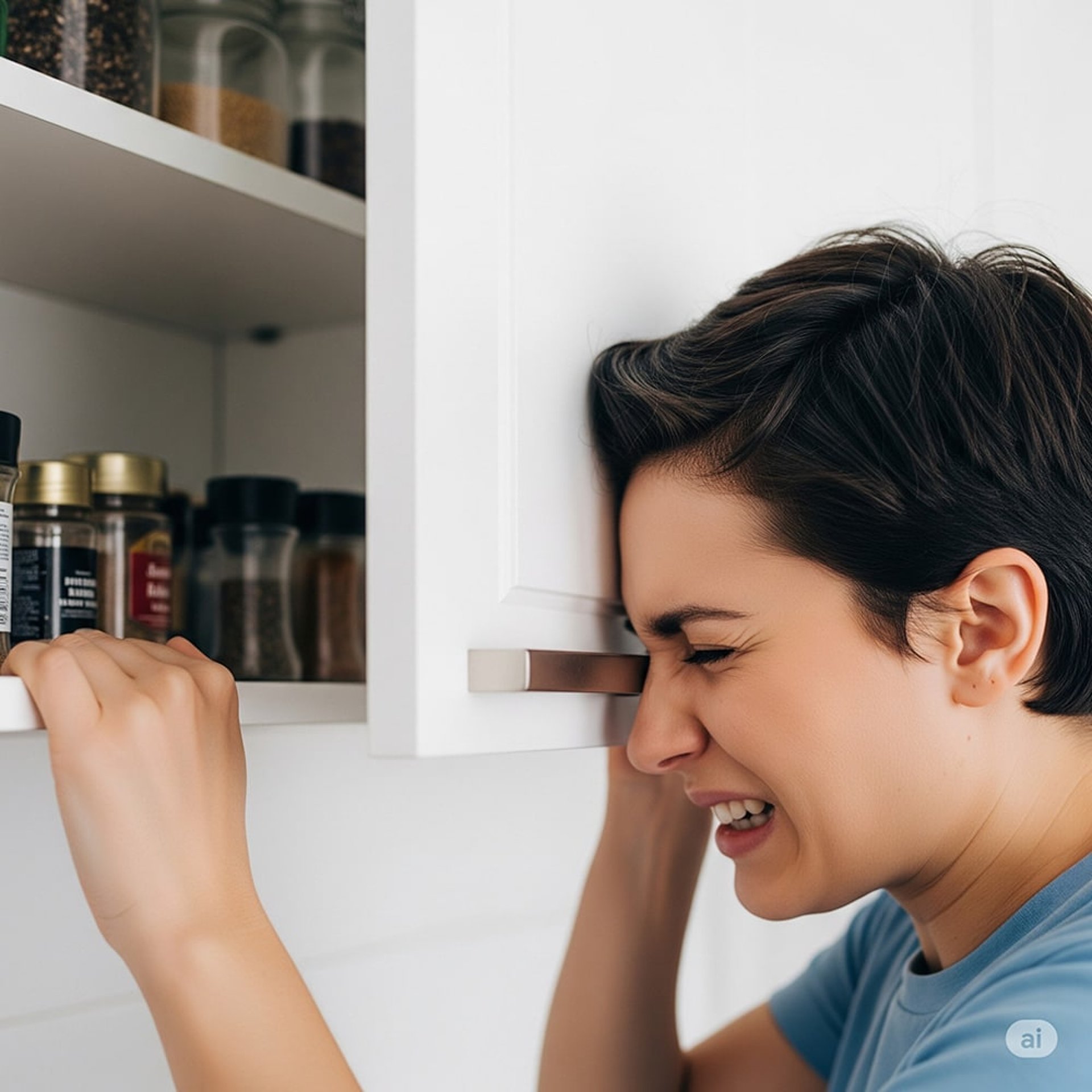 Frau stößt sich Kopf an Oberschrank. Ergonomie Küchenplanung verhindert Kopfstöße und Rückenschmerzen