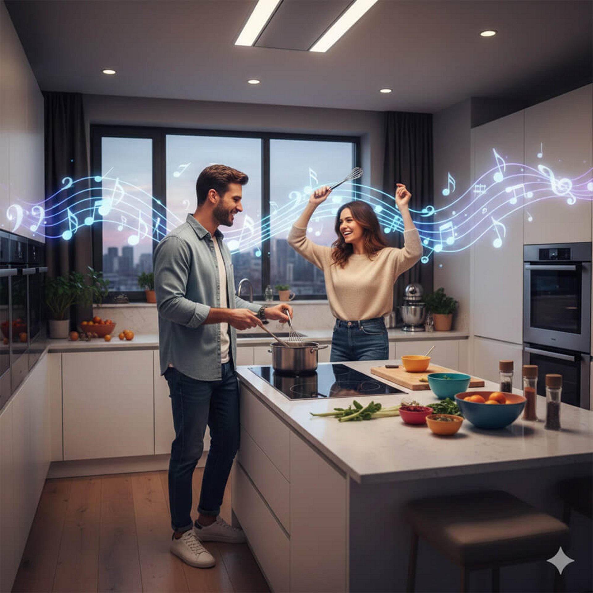 Fröhliches Paar tanzt beim Kochen in einer Designküche mit Stadtblick und Musik-Symbolen.