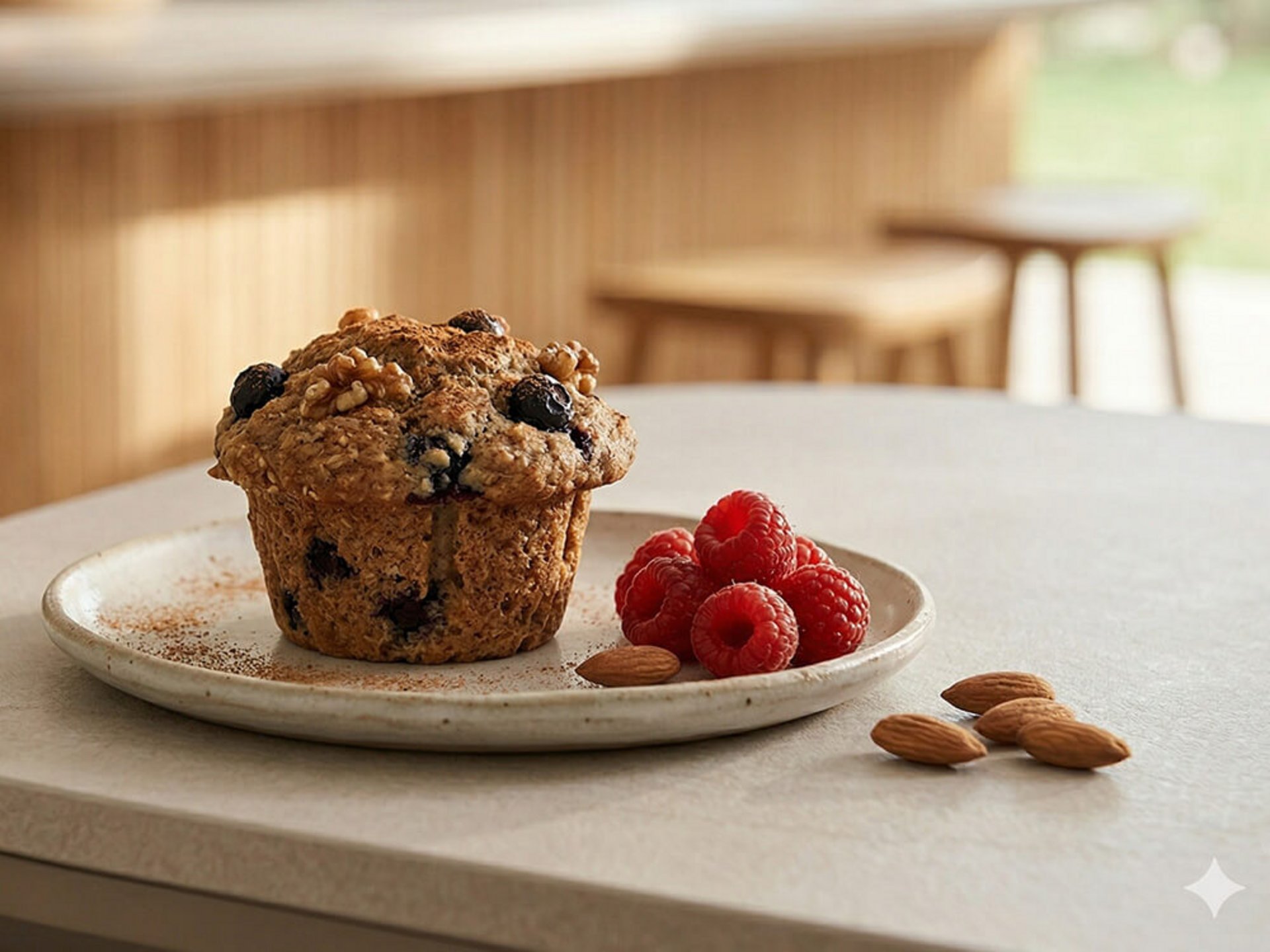 Saftiger Blaubeer-Muffin mit Nüssen und frischen Beeren als Beispiel für gesundes Backen mit besseren Zutaten.