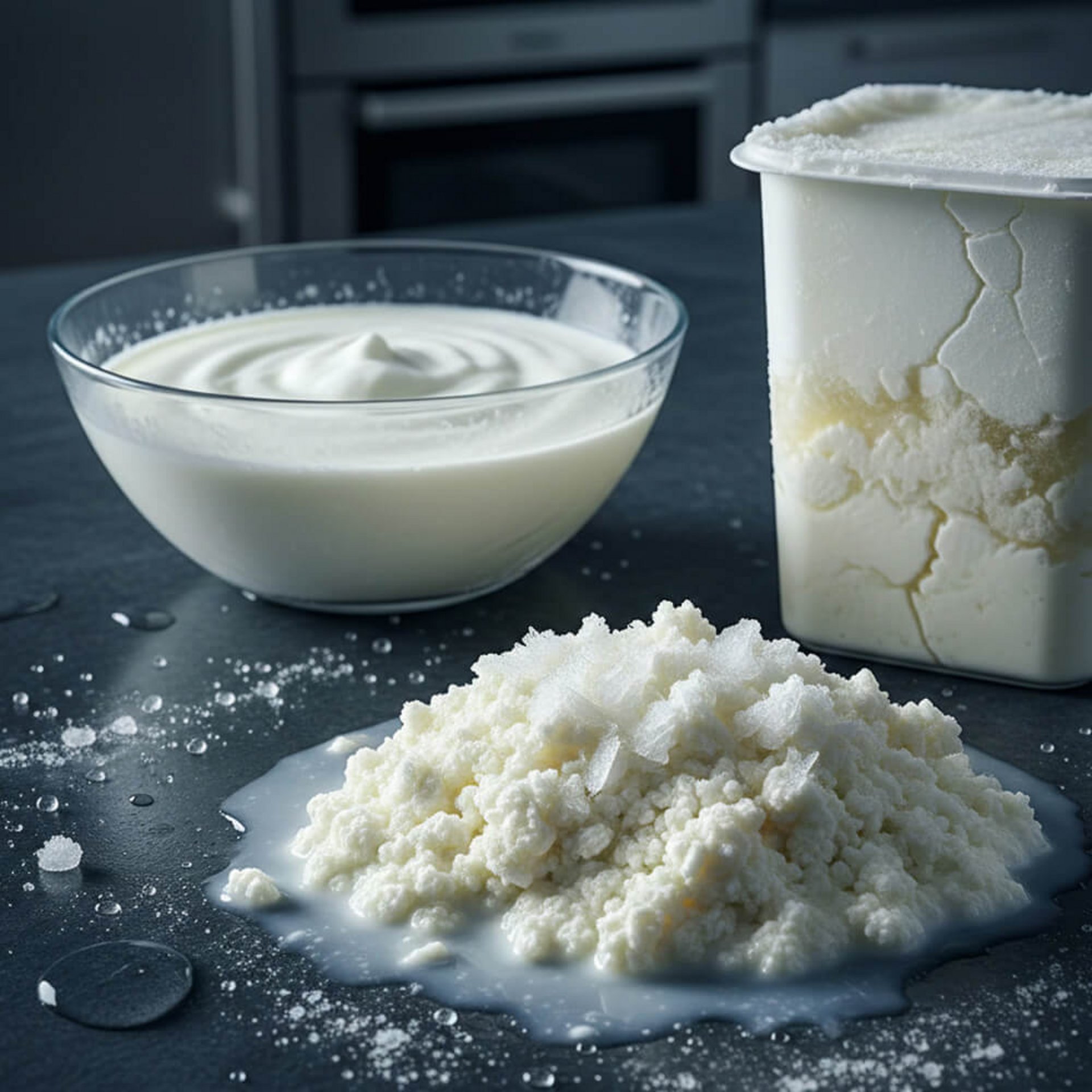 Aufgetauter Joghurt und Quark mit flockiger, wässriger Struktur nach dem Einfrieren.
