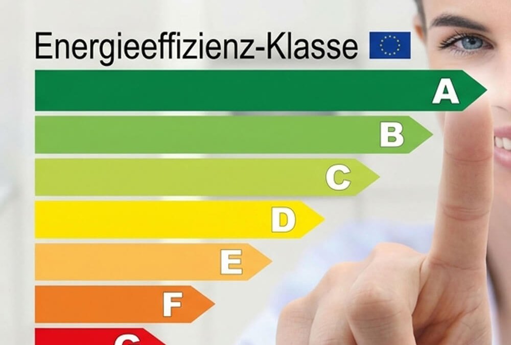 Frau zeigt auf eine farbige Energieeffizienzskala vor einer Küche