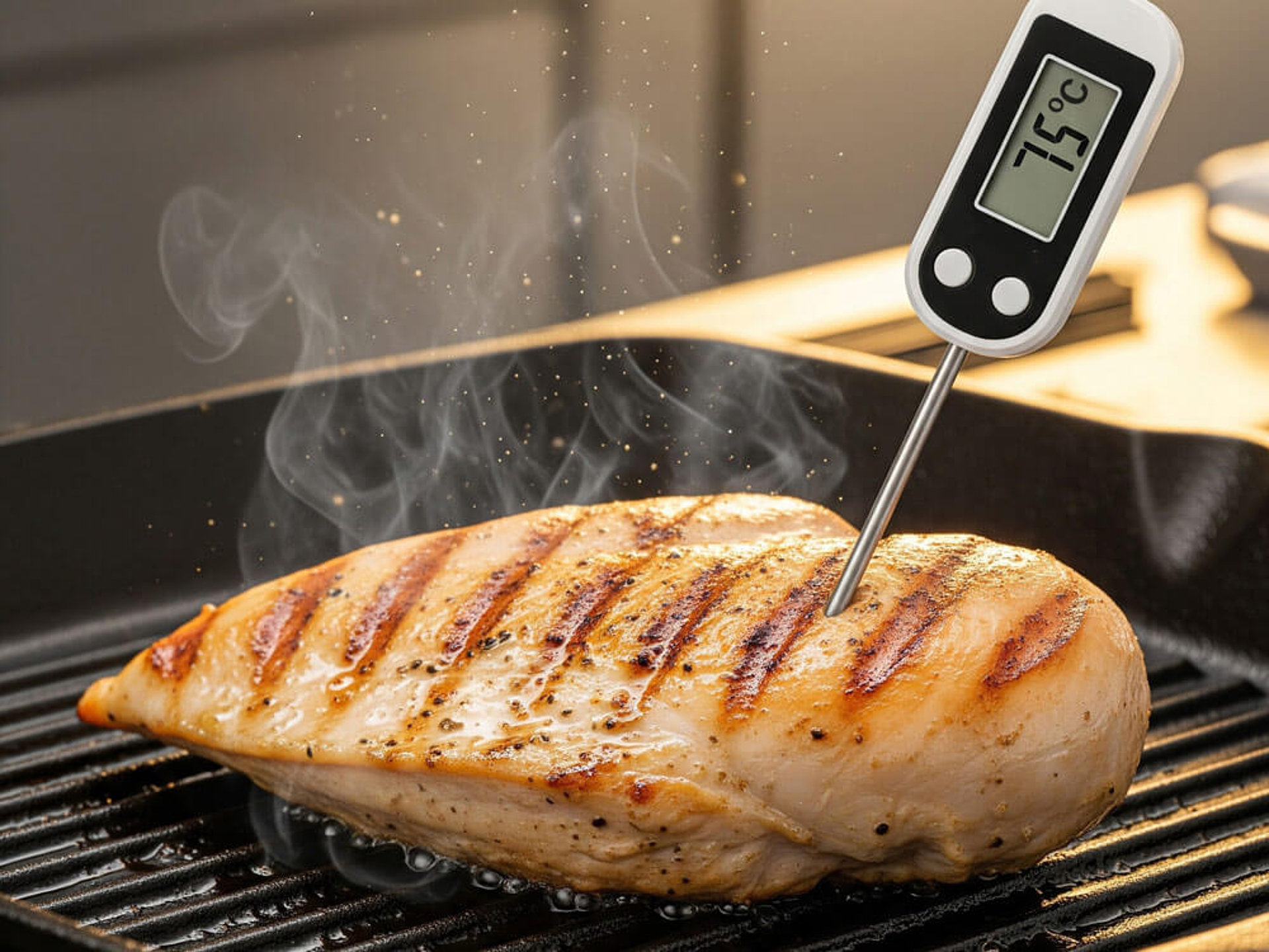 Kerntemperatur des Hähnchens in Pfanne mit Fleischthermometer messen