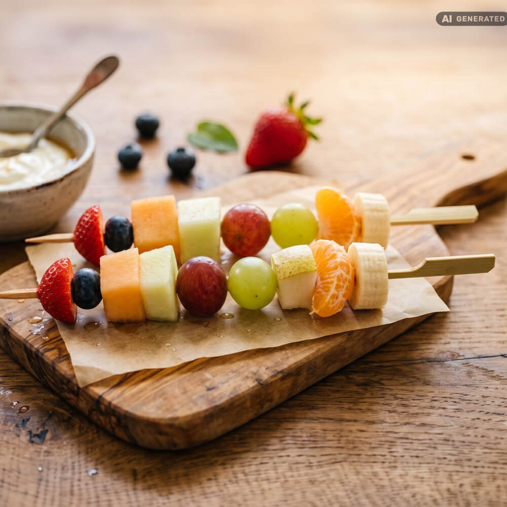 Bunte Obstspieße mit verschiedenen frischen Früchten auf einem Holzbrett