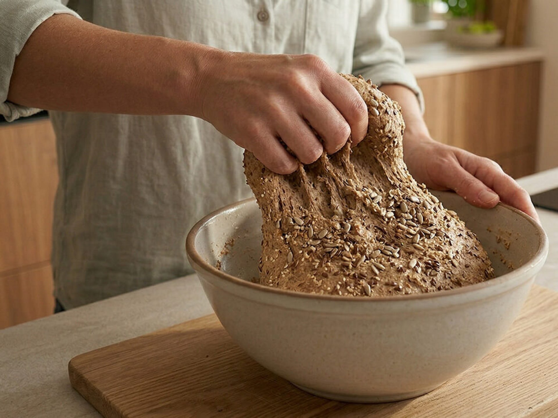 Hände kneten einen Vollkornteig mit Körnern in einer Schüssel als Grundlage für ballaststoffreiches Backen.
