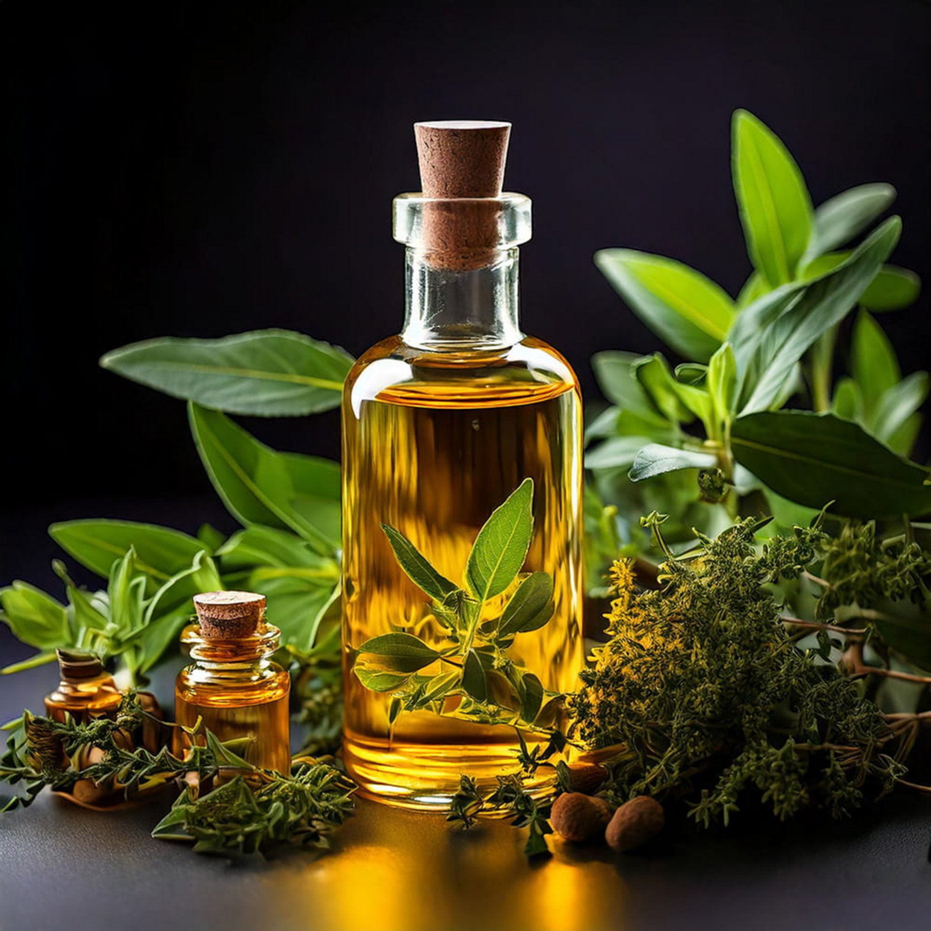 Goldenes Kräuter-Öl in einer Glasflasche mit Korken umgeben von frischen, grünen Garten-Kräutern für die gesunde Gourmet-Küche