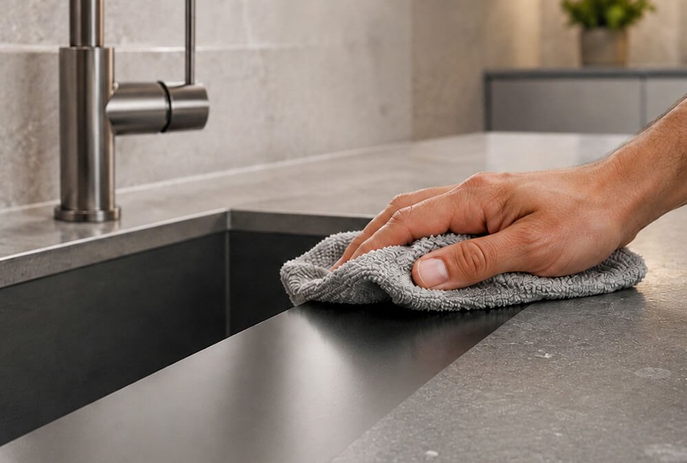 Hand wischt Küchenarbeitsplatte im Bereich der Spüle sauber