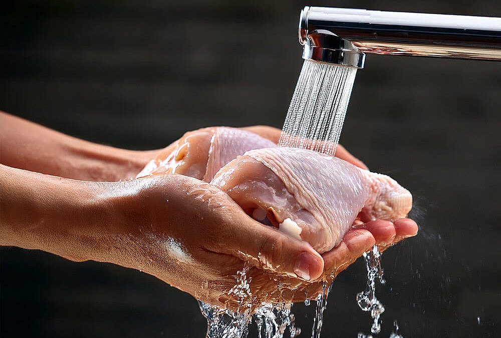 Küchenhygiene: Rohes Hähnchenfleisch unter fließendem Wasser abspülen