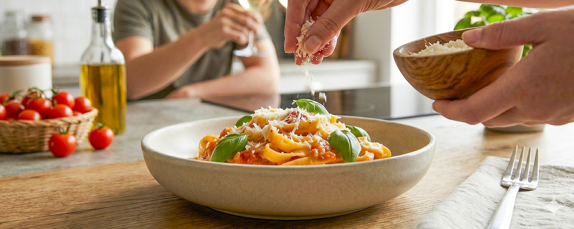 Pasta mit Cherrytomaten und Parmesan wird auf einem Teller angerichtet