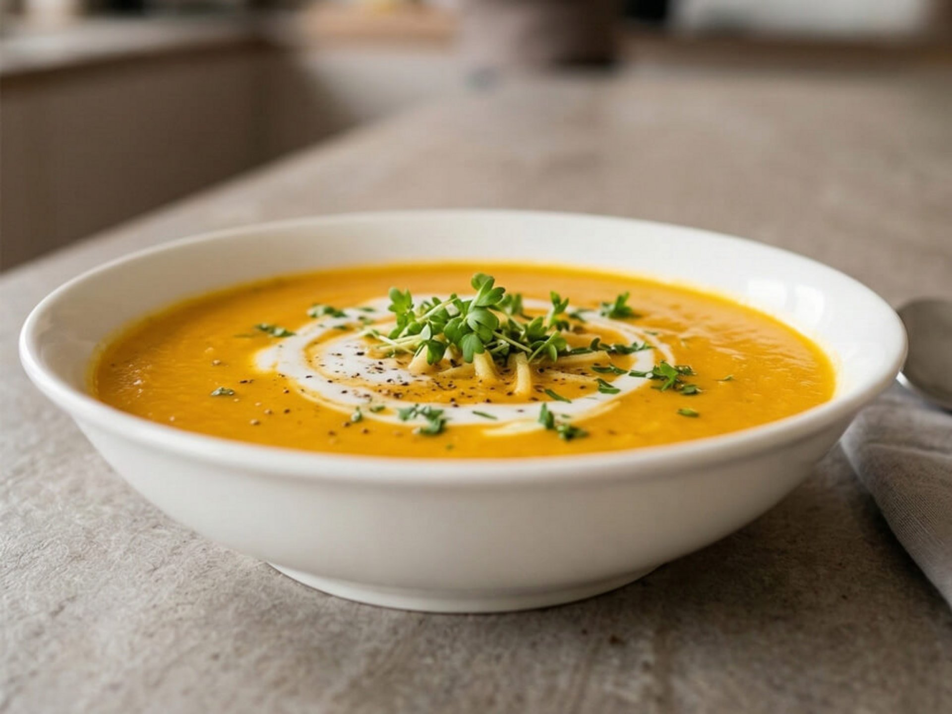 Cremige Karotten-Ingwer-Suppe als leichte Vorspeise für ein einfaches Ostermenü mit Sahne-Swirl und frischen Kräutern serviert