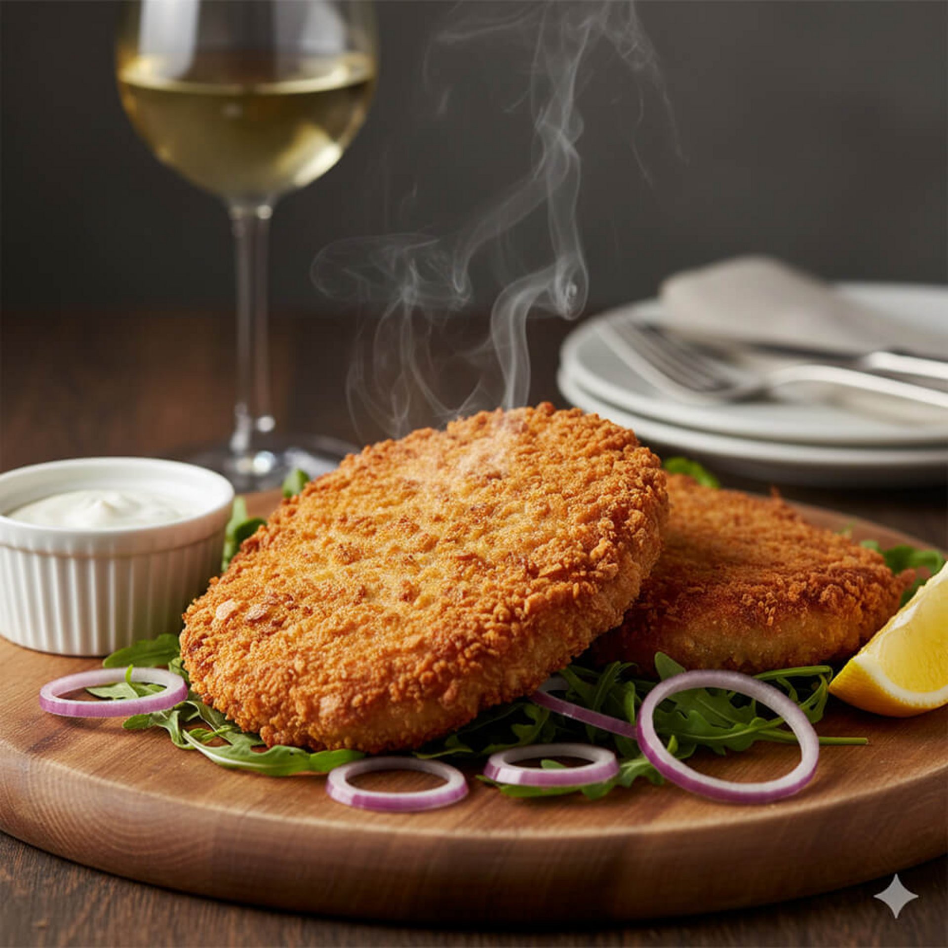 Goldbraun panierte Sellerieschnitzel auf einem Holzbrett, serviert mit Joghurt-Dip und Zwiebelgarnitur.