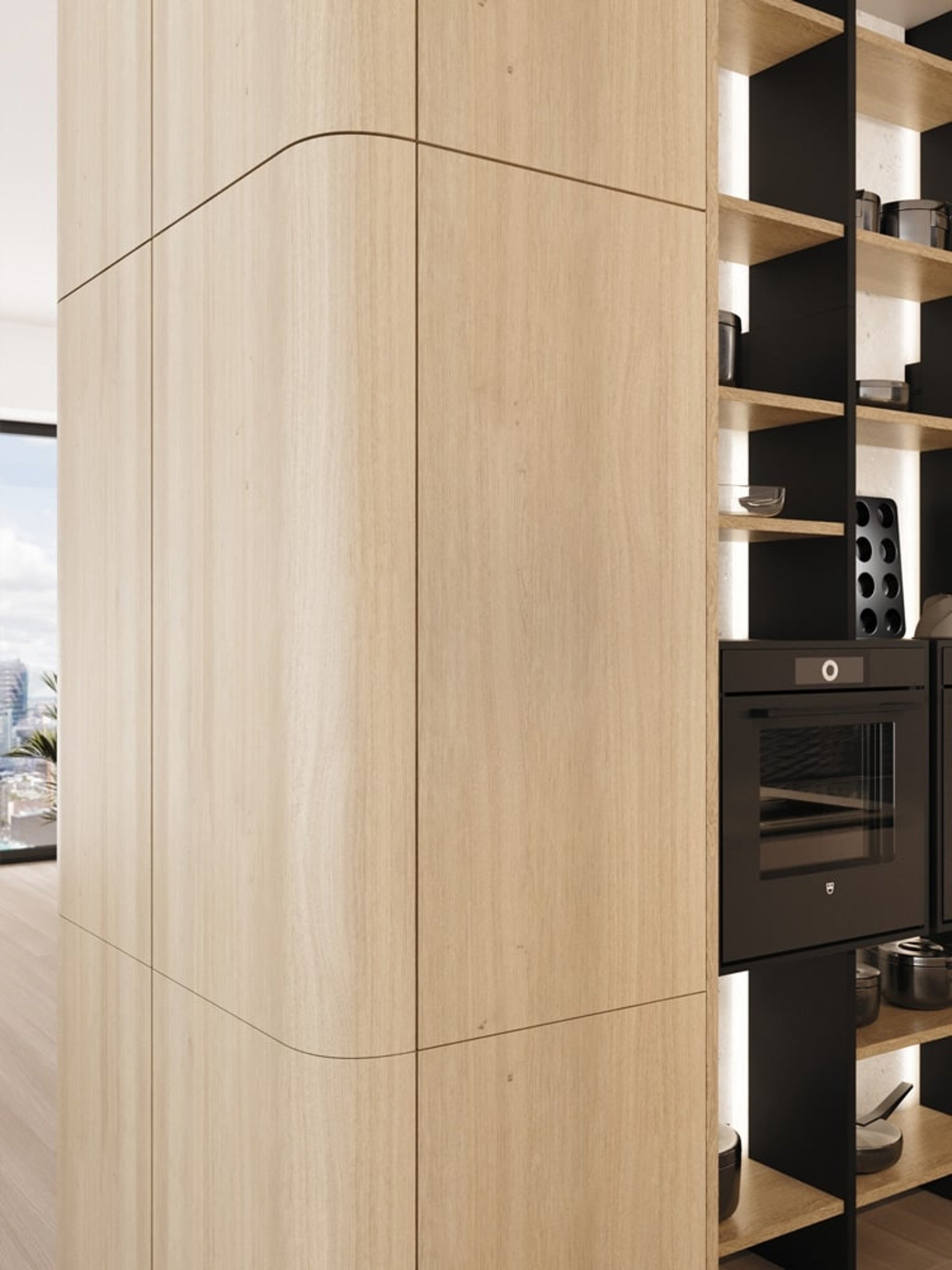 Elegantes, raumhohes Küchen-Staudesign mit hellen Holzfronten und Leicht Rundwangen, kombiniert mit dunklen offenen Regalen und integrierten Geräten