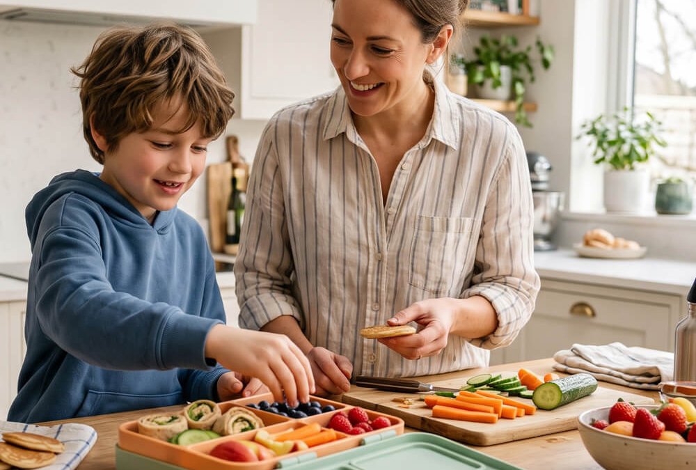 Mutter und Kind bereiten gemeinsam eine abwechslungsreiche Brotbox mit gesunden Snacks vor
