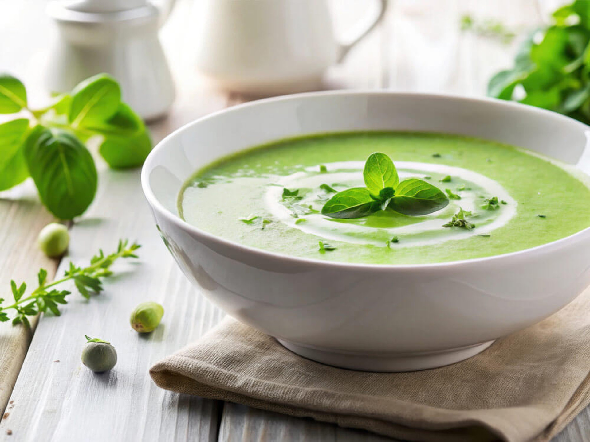 Schale mit cremiger, grüner Brunnenkresse-Suppe mit Brunnenkresse-Blatt und einem Klecks Sahne