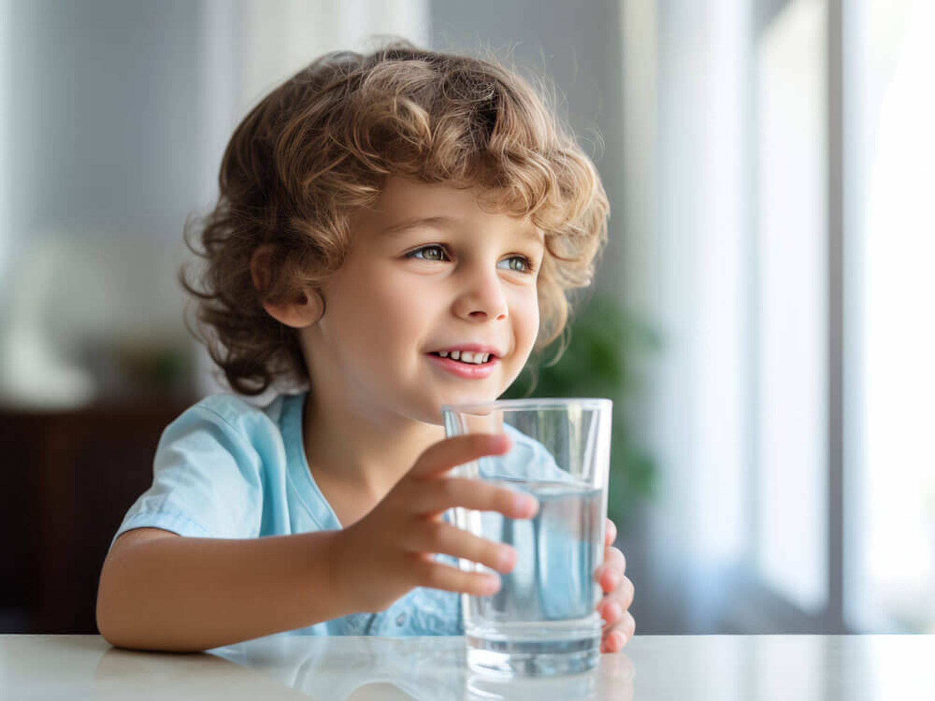 Ein lächelndes Kind trinkt in der Küche. Ideal für pflegeleichte Küchenfronten, die Fingerabdrücke vermeiden.