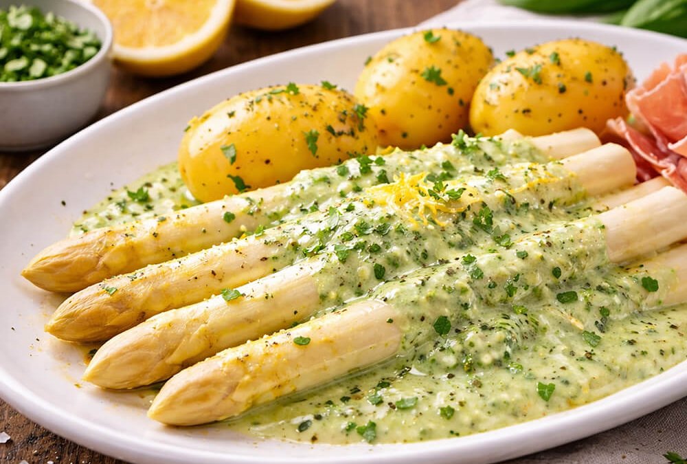 Spargel mit Bärlauch-Hollandaise und Kartoffeln serviert