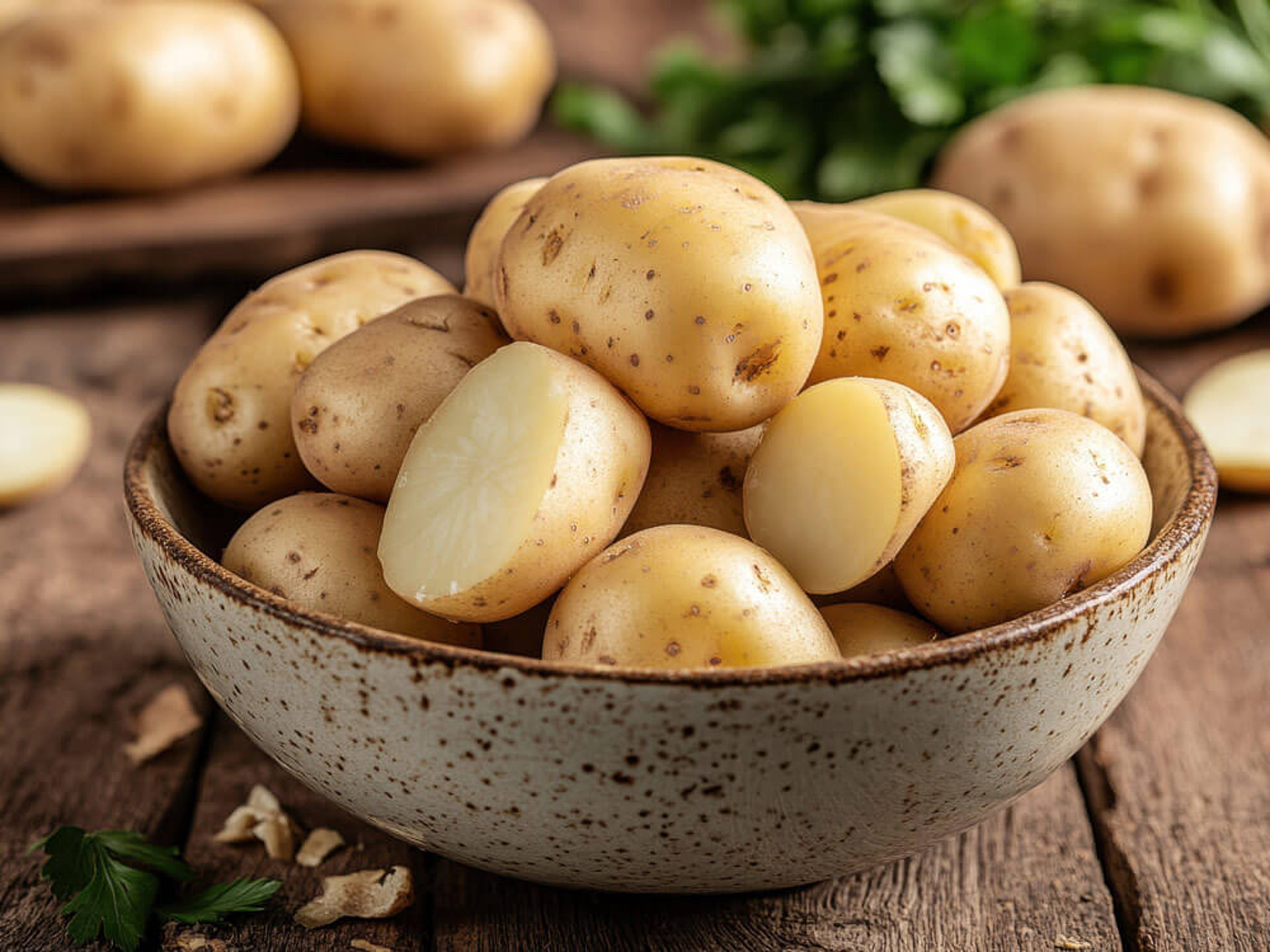 Frische Kartoffeln, eine halbiert, in rustikaler Schüssel