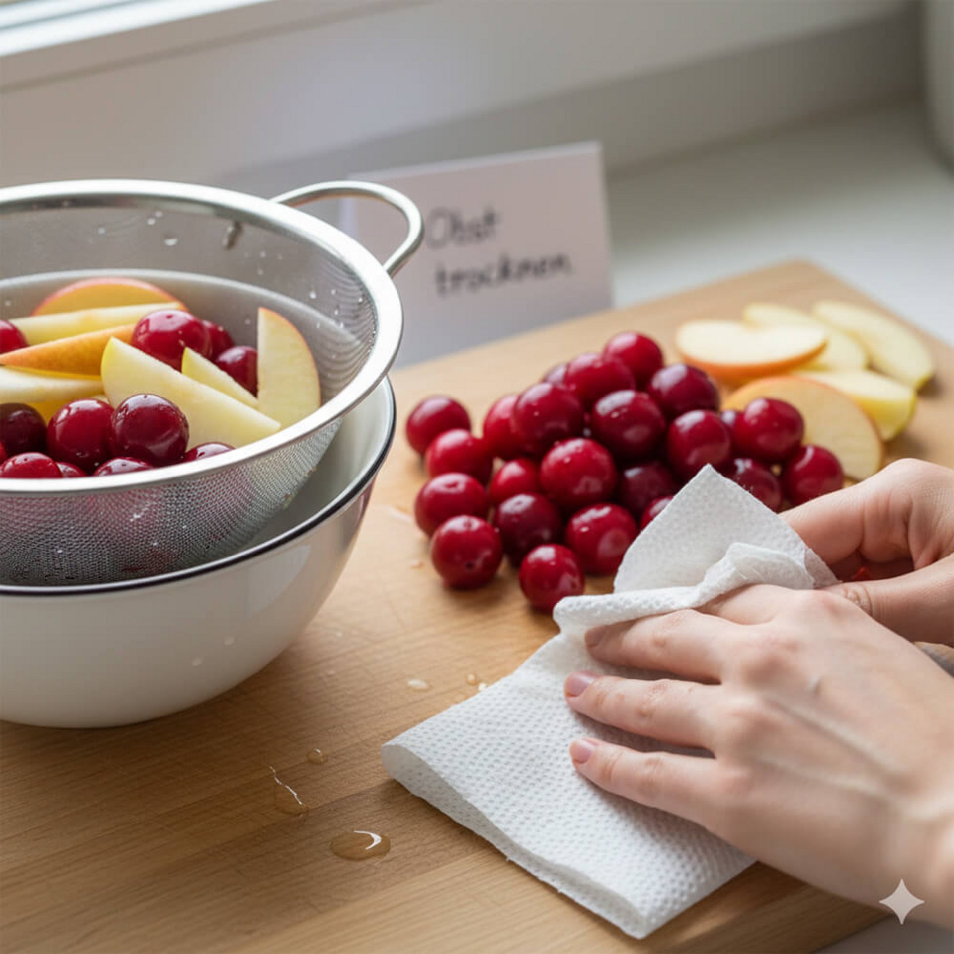 Obst vor dem Backen vorbereiten: Kirschen und Apfelspalten trocken tupfen, damit Obst im Kuchen nicht absinkt.