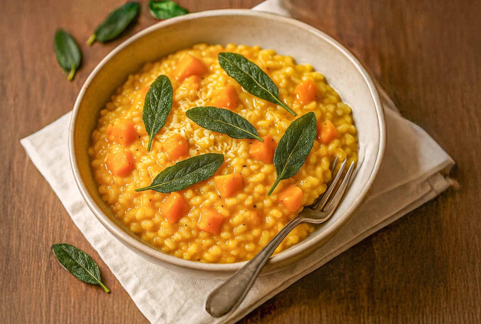 Cremiges Kürbis-Risotto mit frischem Salbei in einer Schüssel serviert