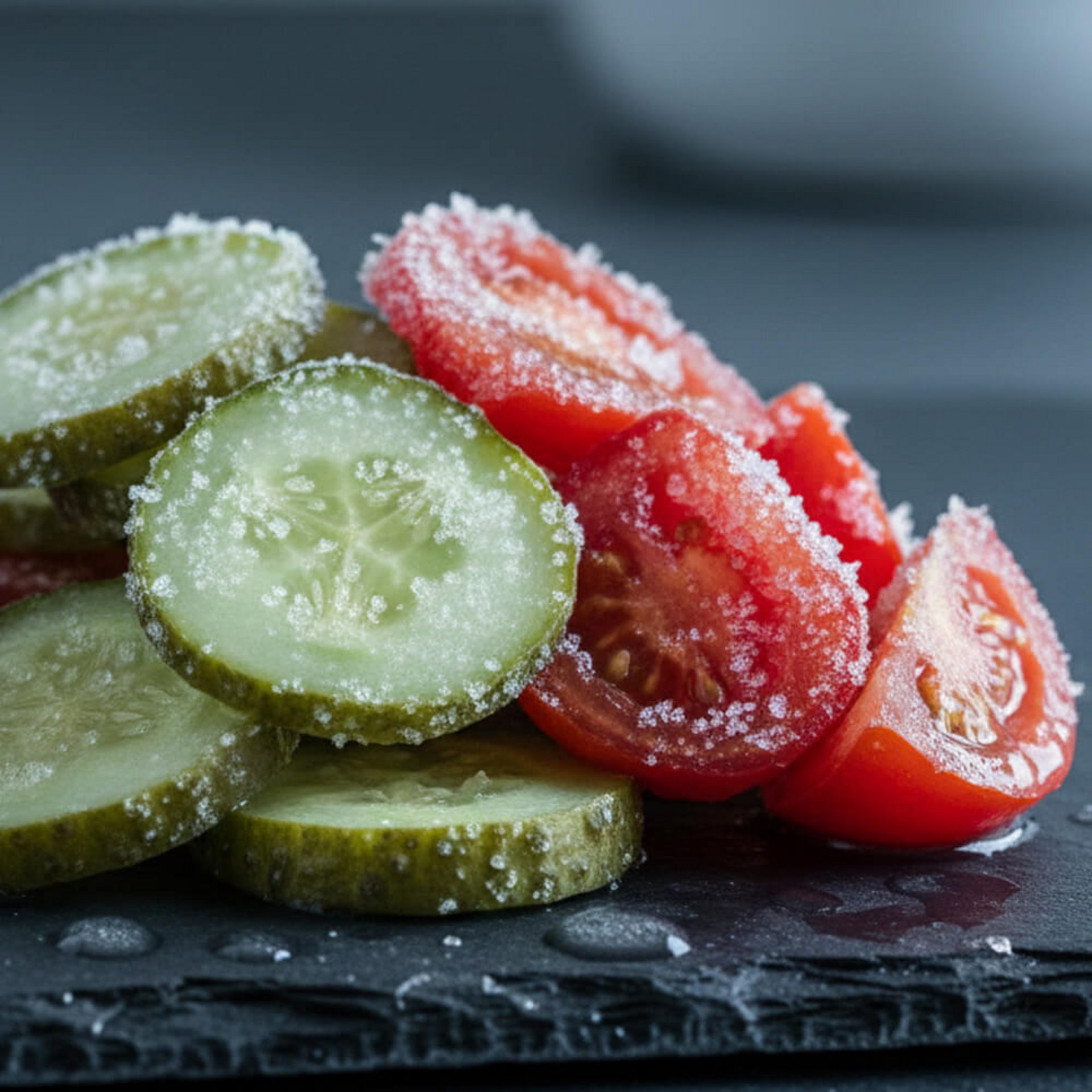 Gurken- und Tomatenscheiben – nach dem Auftauen weich und wässrig durch zerstörte Zellstruktur.
