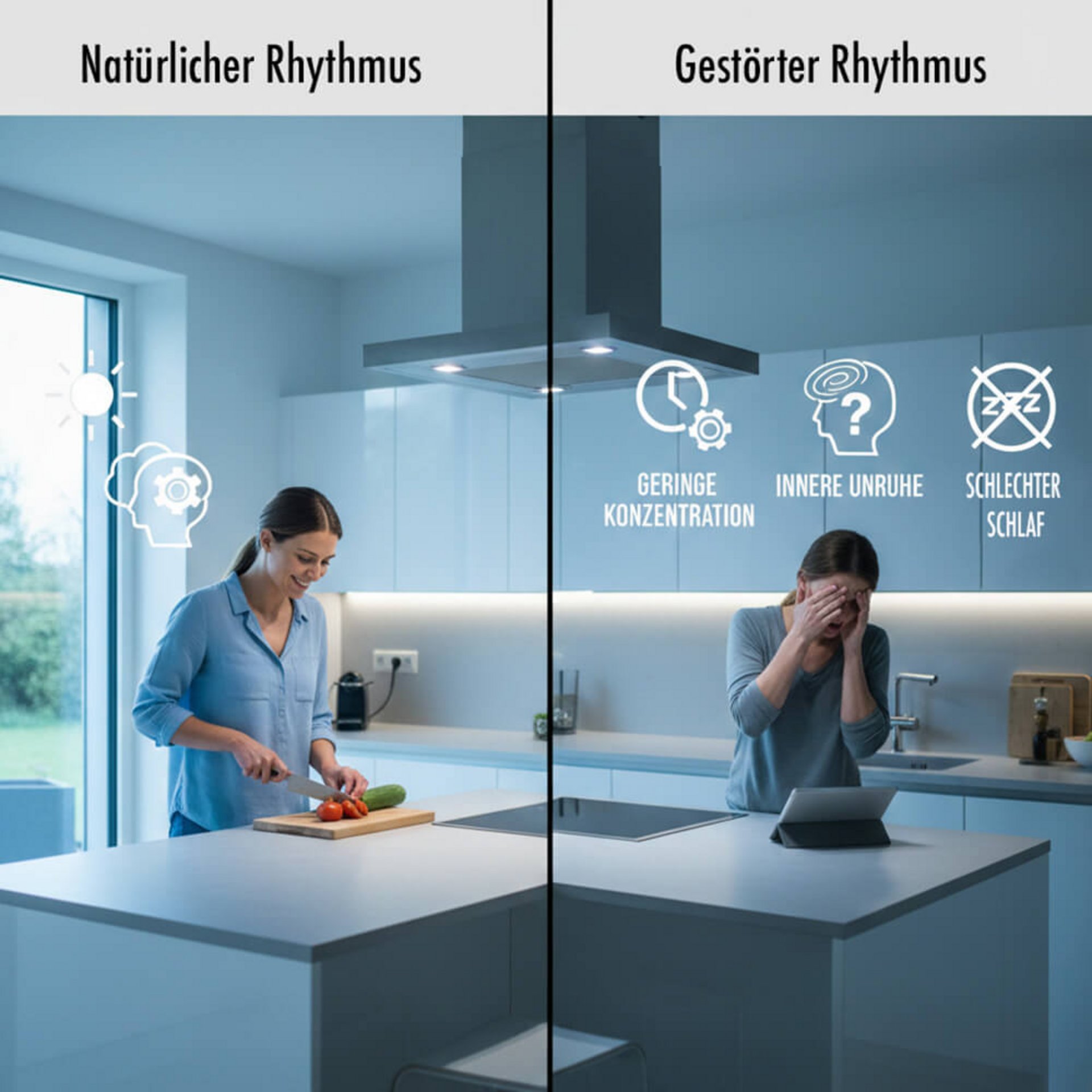 Vergleich von aktivierendem Morgenlicht und beruhigendem Abendlicht in der Küche