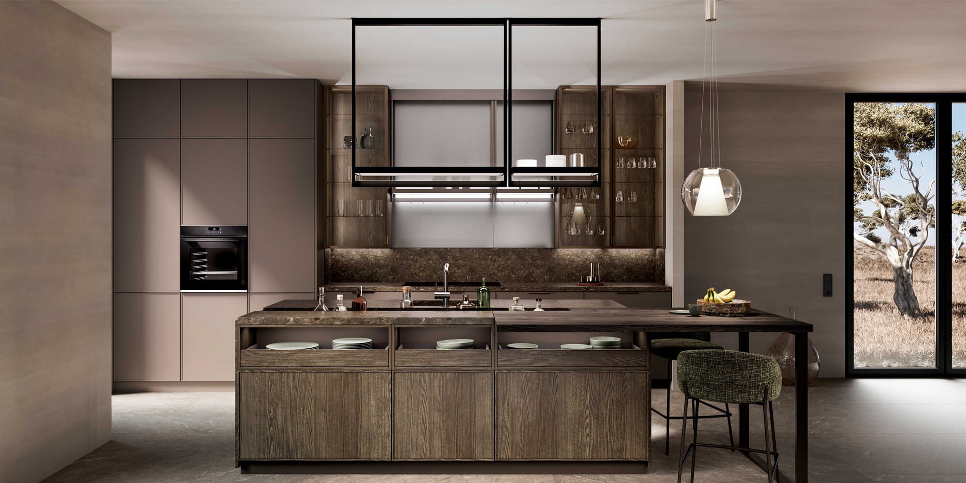 LEICHT WAKUU Küche in Greige und dunkler Eiche mit freistehender Kochinsel und Esstisch-Anbindung