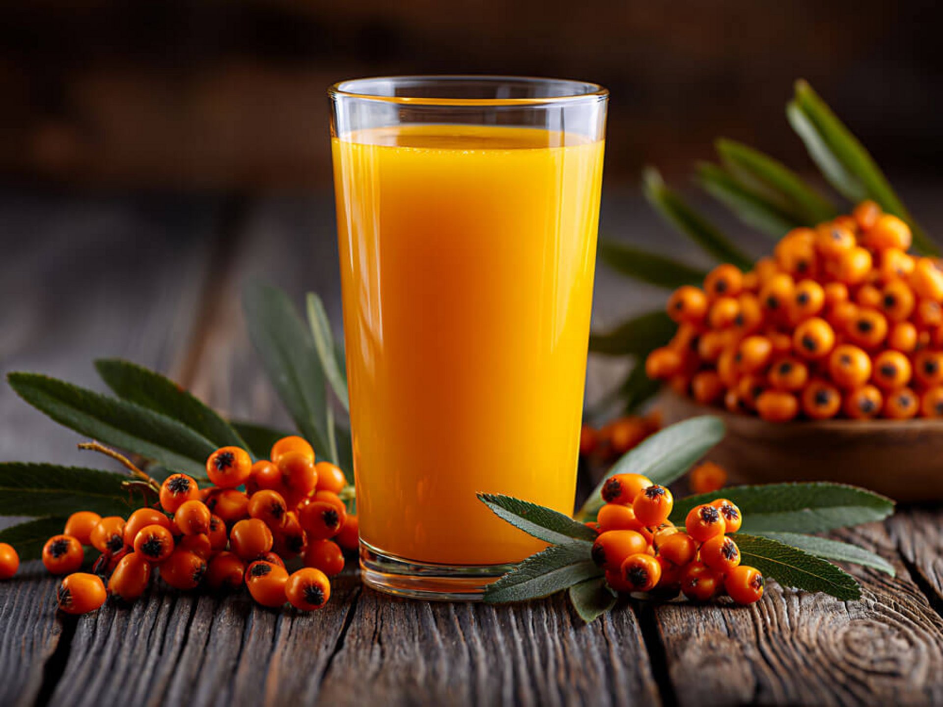 Hohes Glas mit Sanddornsaft neben frischen Sanddornbeeren – Sanddorn Gesundheitsvorteile
