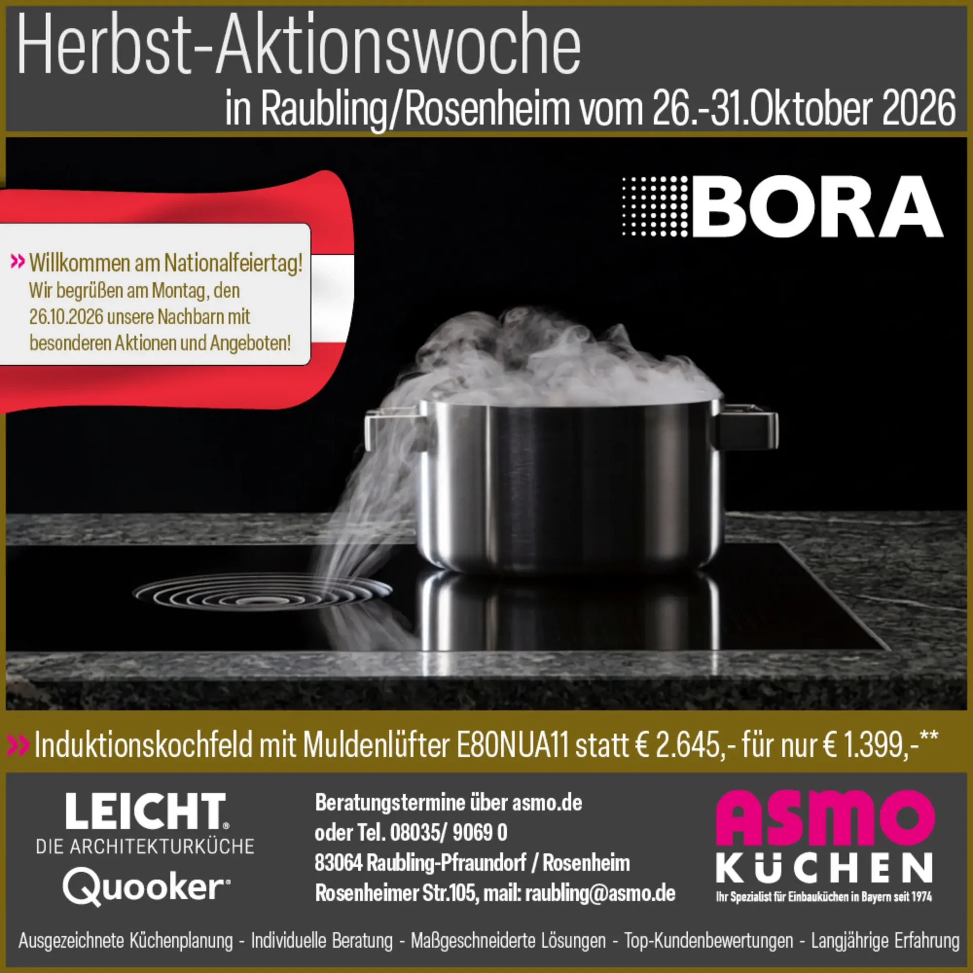BORA Induktionskochfeld mit Muldenlüfter E80NUA11 mit Topf, aus dem Dampf aufsteigt, Aktion bei ASMO KÜCHEN Raubling