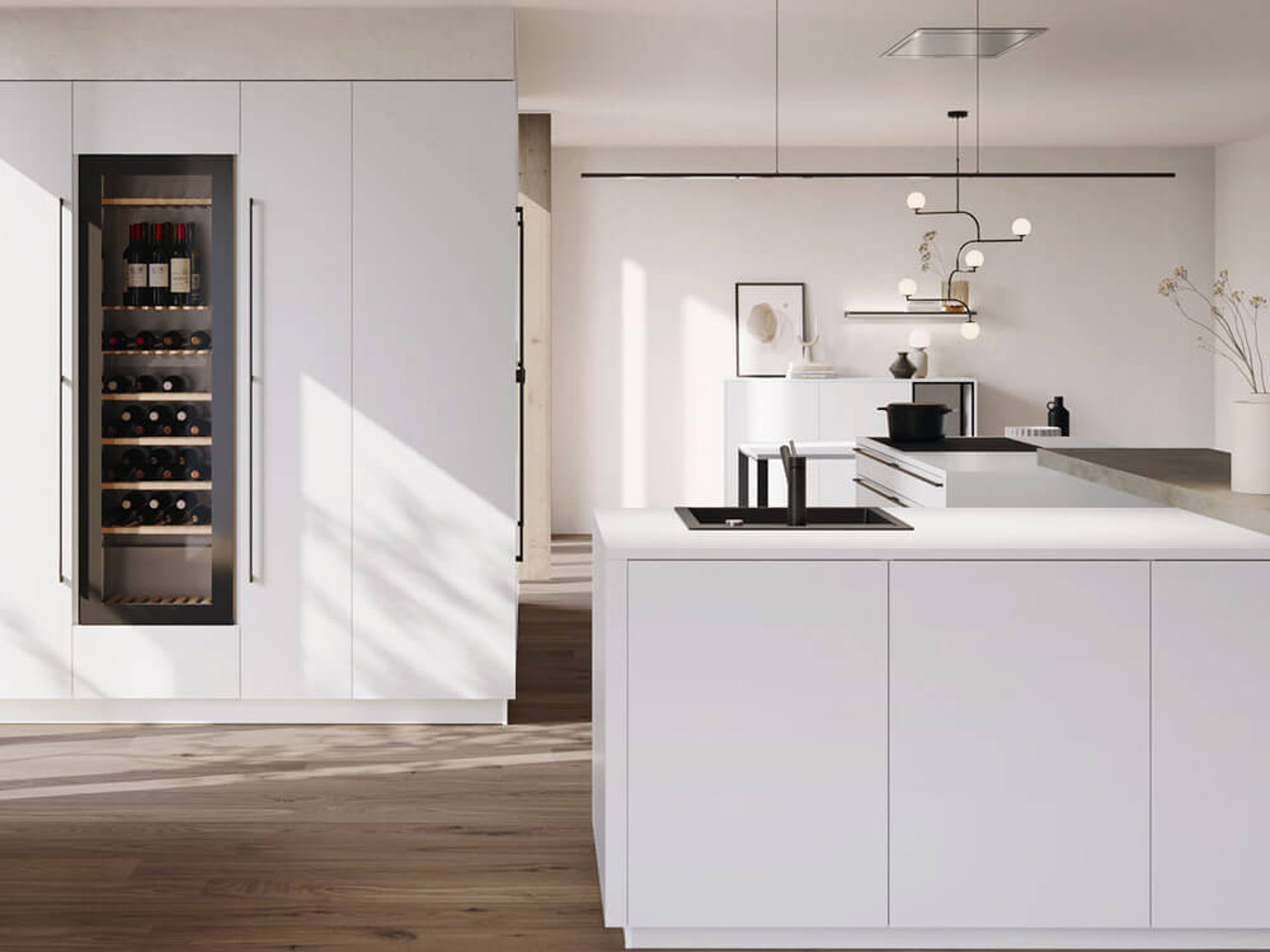 Moderner Einbau-Weinkühlschrank hochkant in puristischer weißer Küche – Weinklimaschrank Integration und ideale Maße für Hochschrank