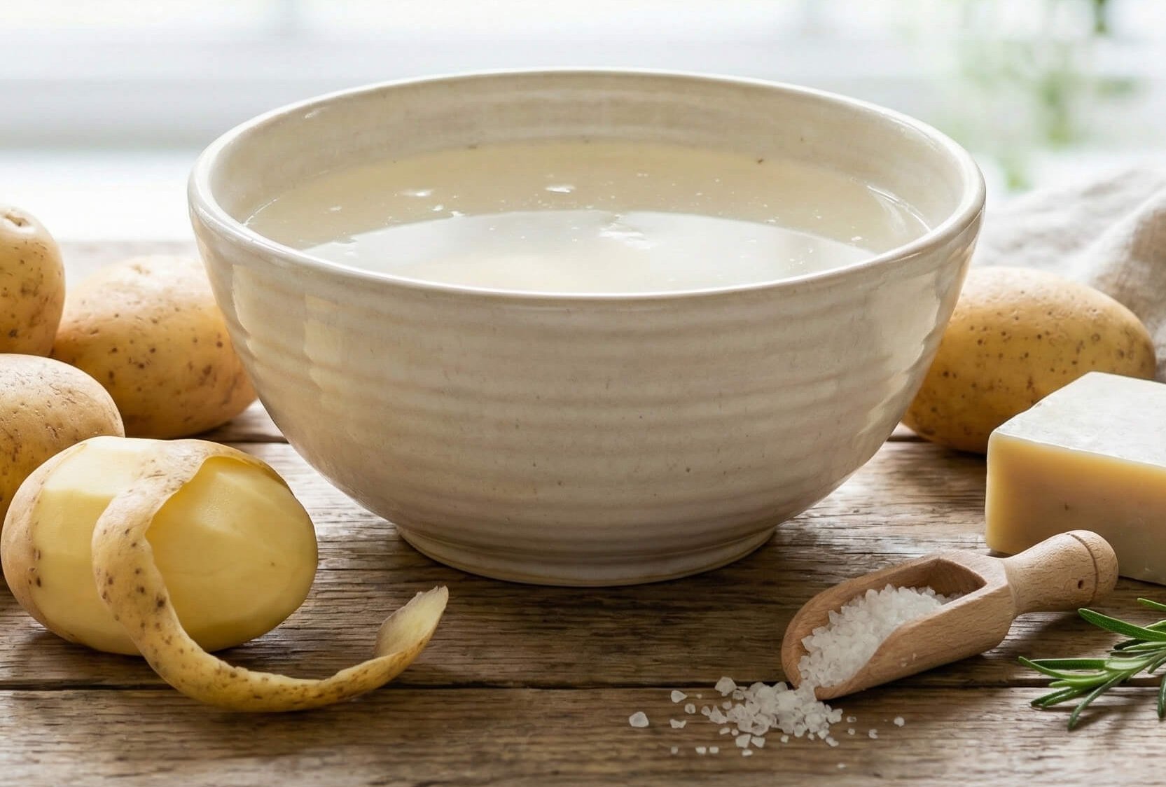 Kartoffelwasser clever nutzen – Schüssel mit Kartoffelwasser und Kartoffeln