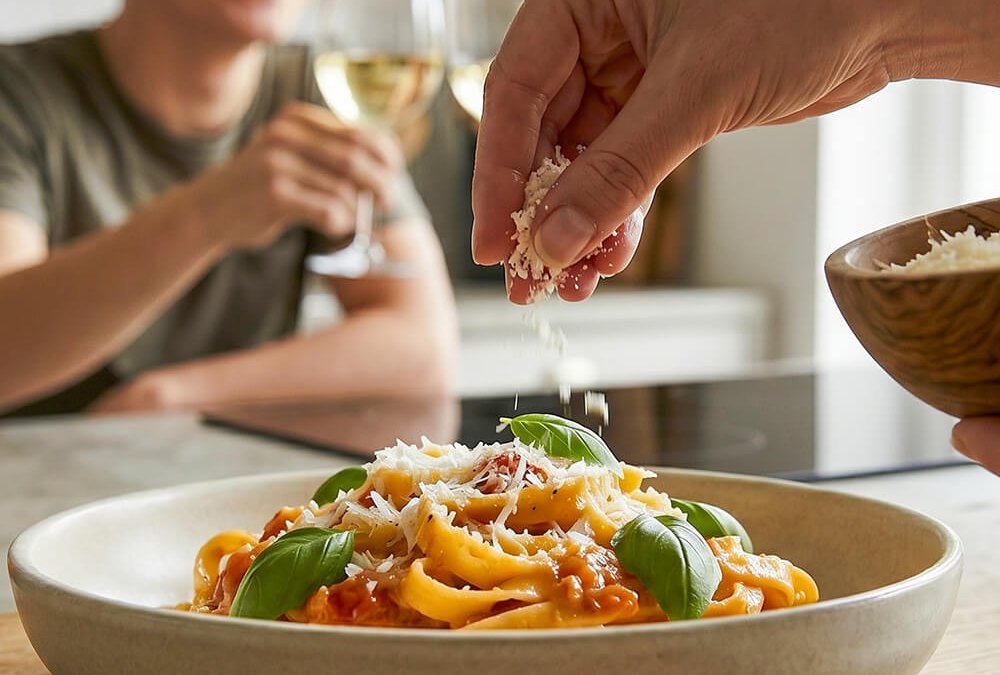 Schale mit Pasta, Cherrytomaten, Parmesan und Basilikum auf einem Tisch
