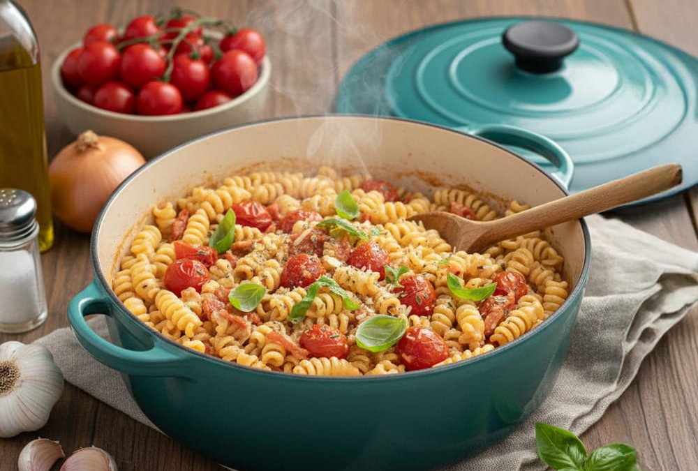 Cremige One-Pot-Tomatenpasta mit Kräutern und Parmesan im Gusseisentopf.