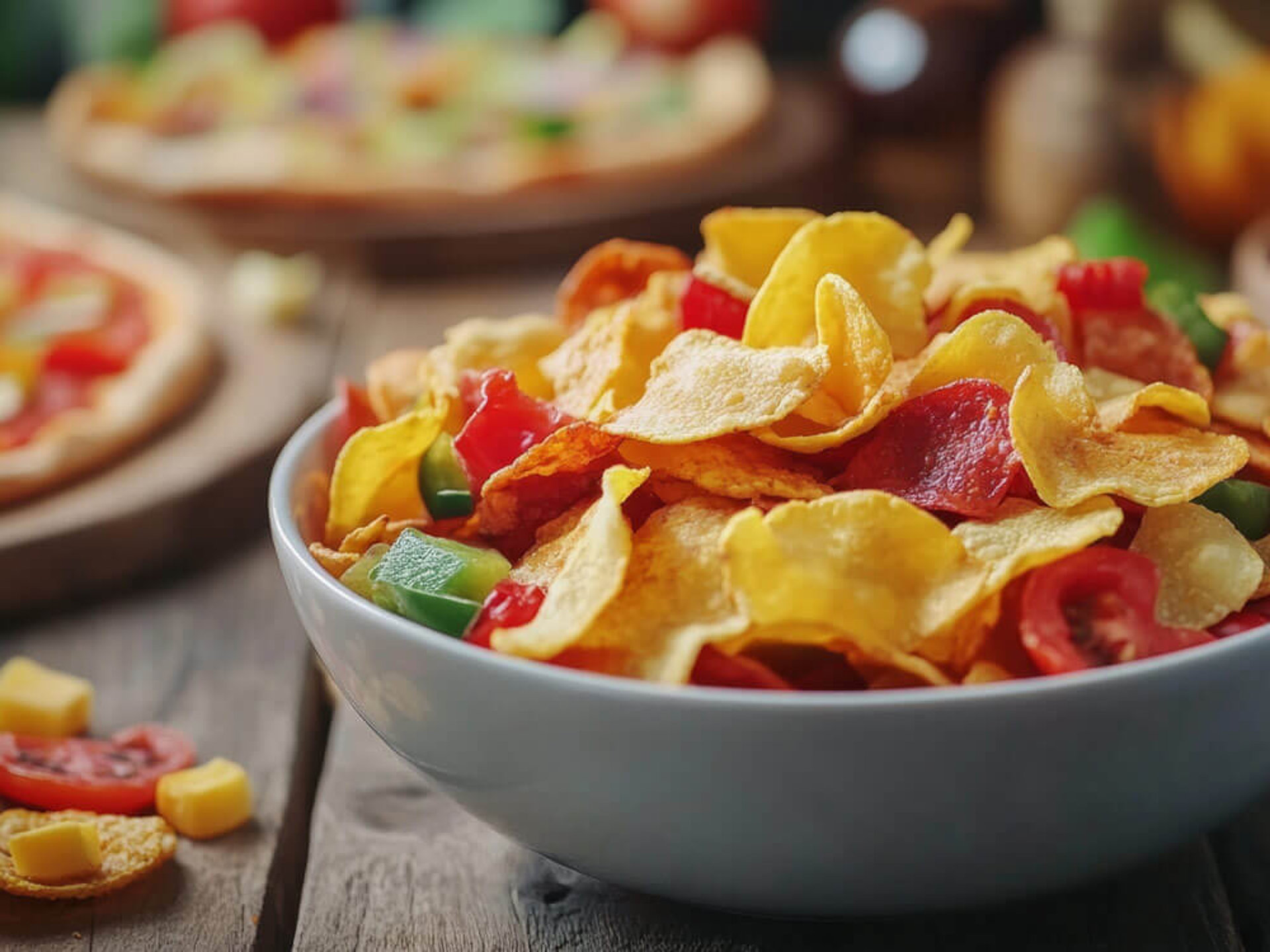 Bunte Gemüsechips selber machen – Paprika-, Tomaten- und Käsechips in weißer Schale auf Holztisch
