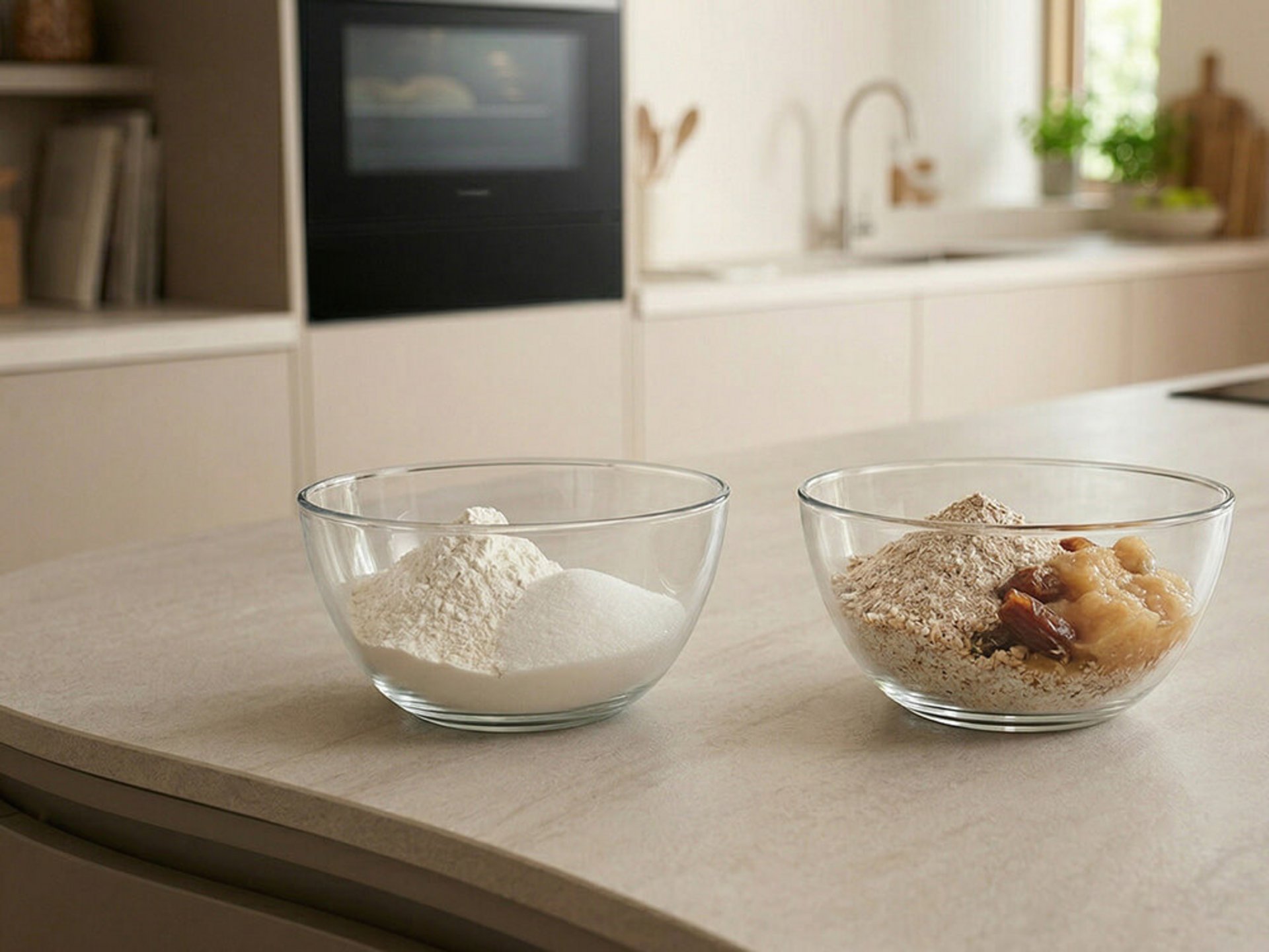 Vergleich von Backzutaten mit Weißmehl und Zucker sowie Vollkornmehl, Datteln und Apfelmark als gesündere Alternativen.