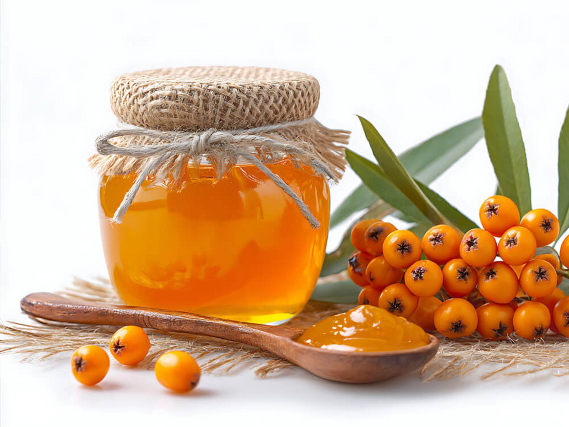 Glas mit Sanddornmus oder Sanddornhonig und einem Löffel – Sanddorn Wirkung auf die Haut und Anwendung im Alltag