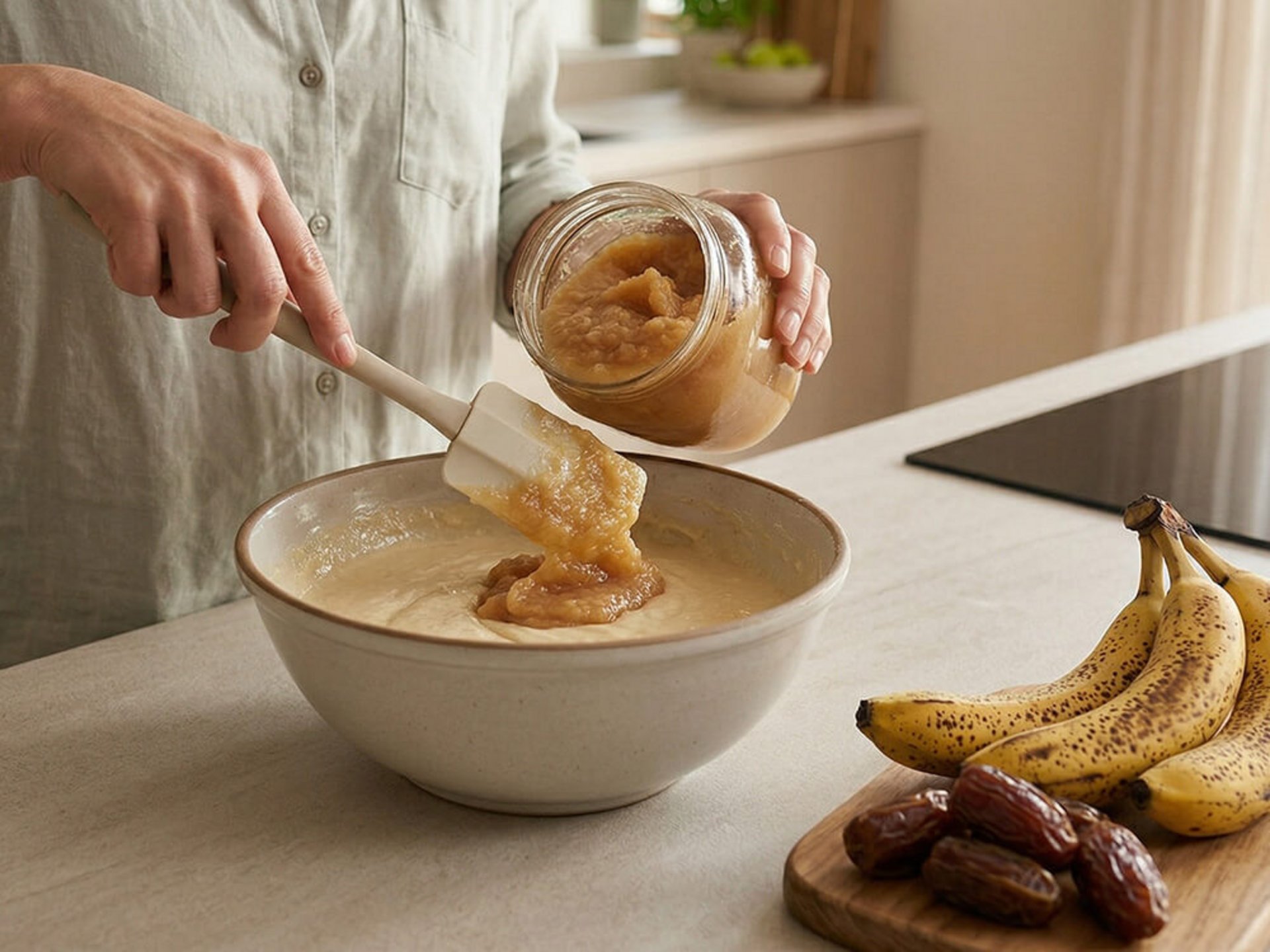 Apfelmark wird in eine Rührschüssel gegeben, daneben liegen Bananen und Datteln als natürliche Süße beim Backen.