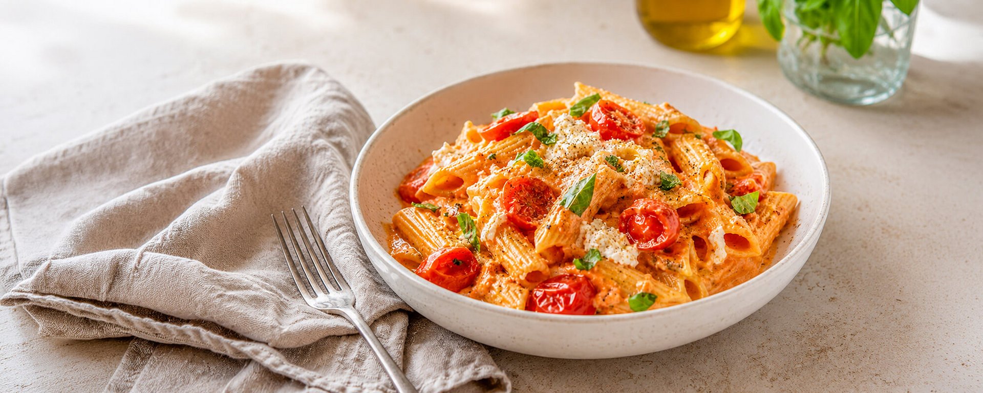 Cremige vegane Tomaten-Ricotta-Pasta in einer Schale