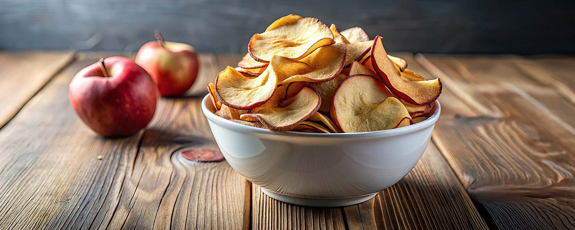 Knusprige Apfelchips in einer Holzschale auf rustikalem Holztisch, mit frischen Äpfeln im Hintergrund