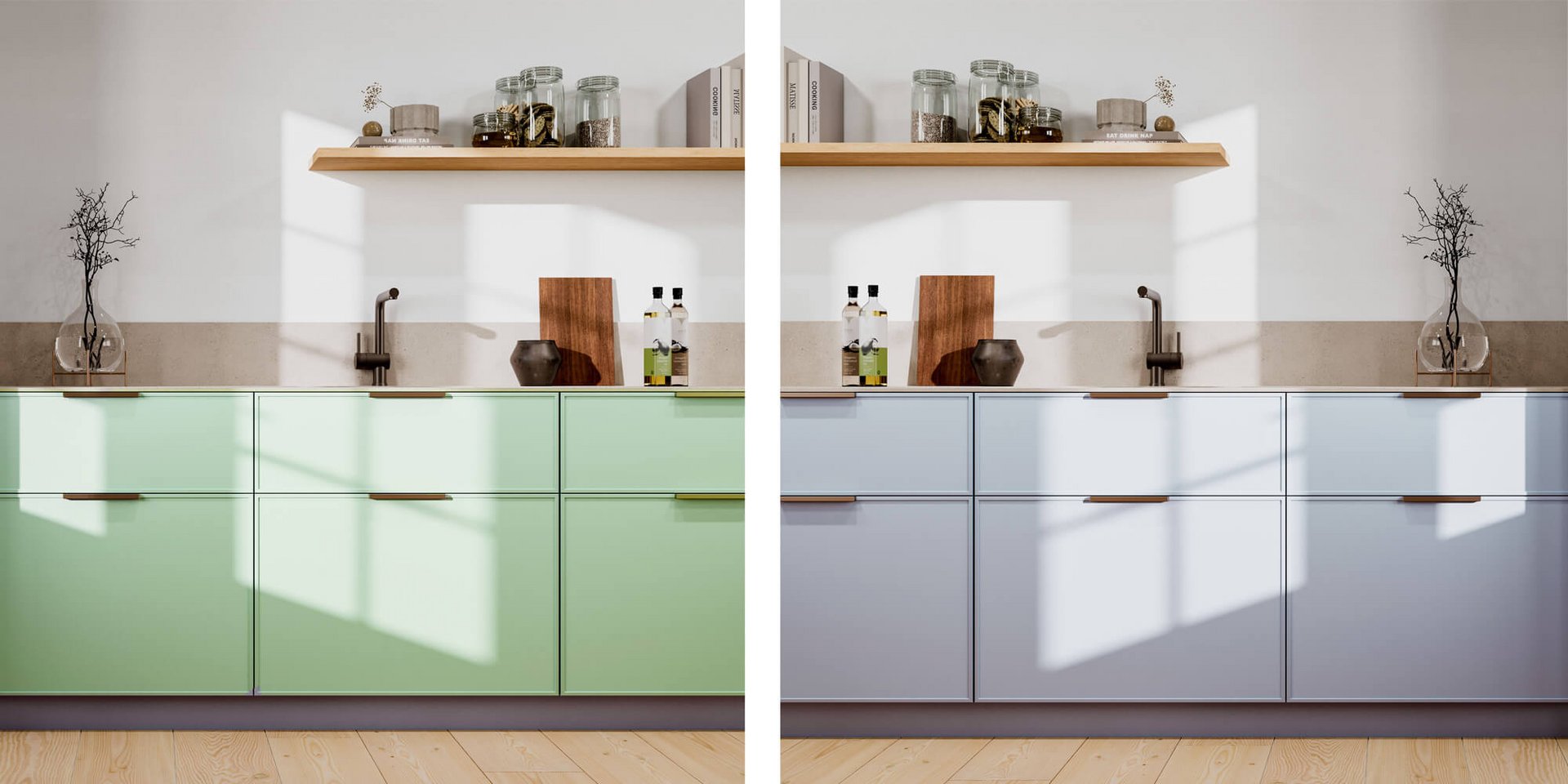 LEICHT Hygge Küche mit minimalistischen Fronten in Nilgrün und Hellcyan sowie Echtholzregal