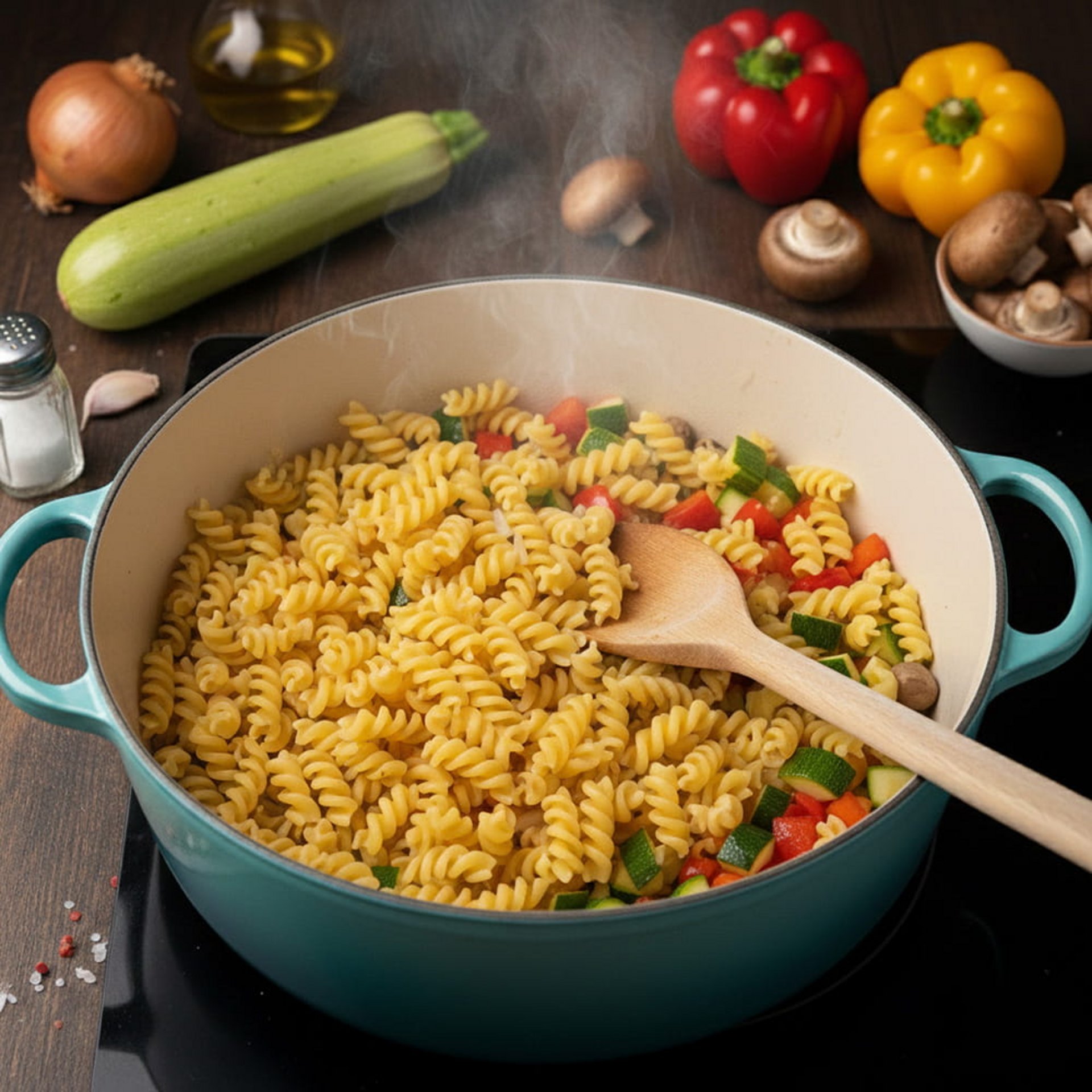 Fusilli kochen im Topf mit Paprika und Zucchini – One-Pot-Pasta in der Zubereitung.