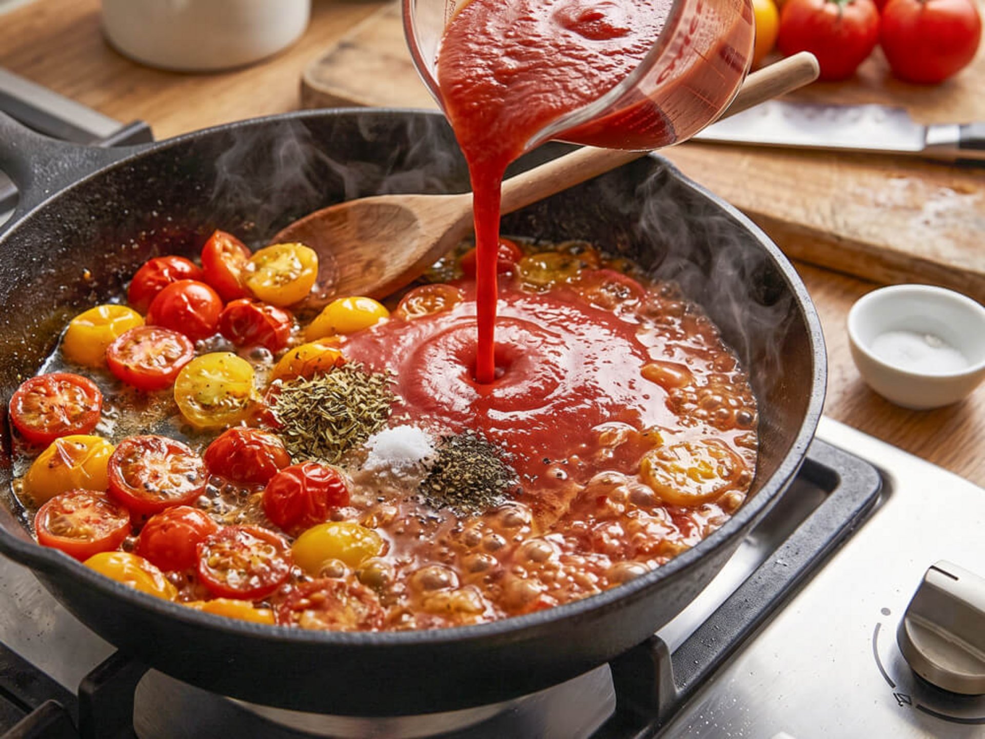 Vegane Ricotta-Alternative wird zur Tomatensauce gegeben