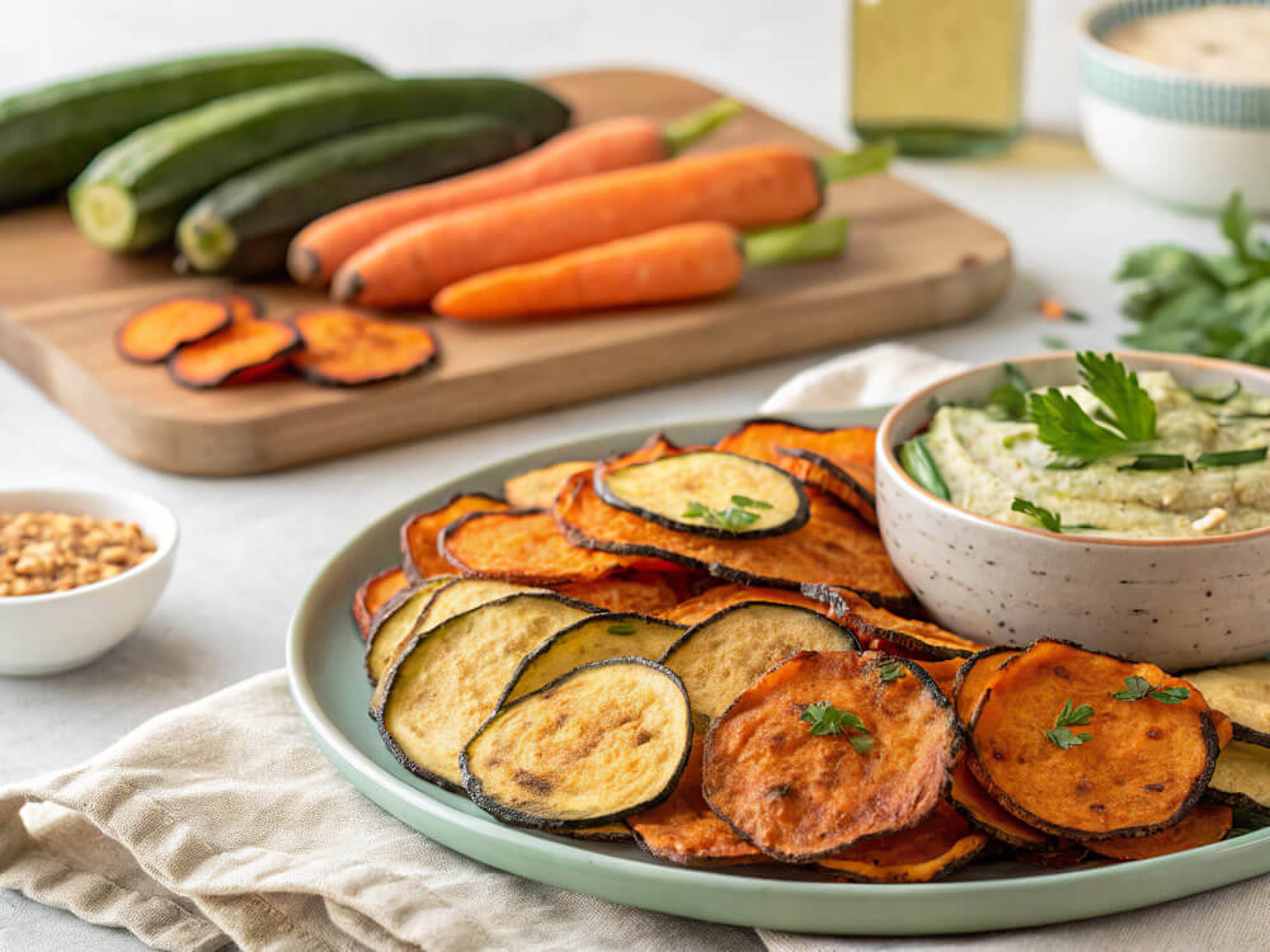 Gesunde Gemüsechips Rezept – Zucchini- und Süßkartoffelchips mit grünem Dip, Möhren und Gurken im Hintergrund