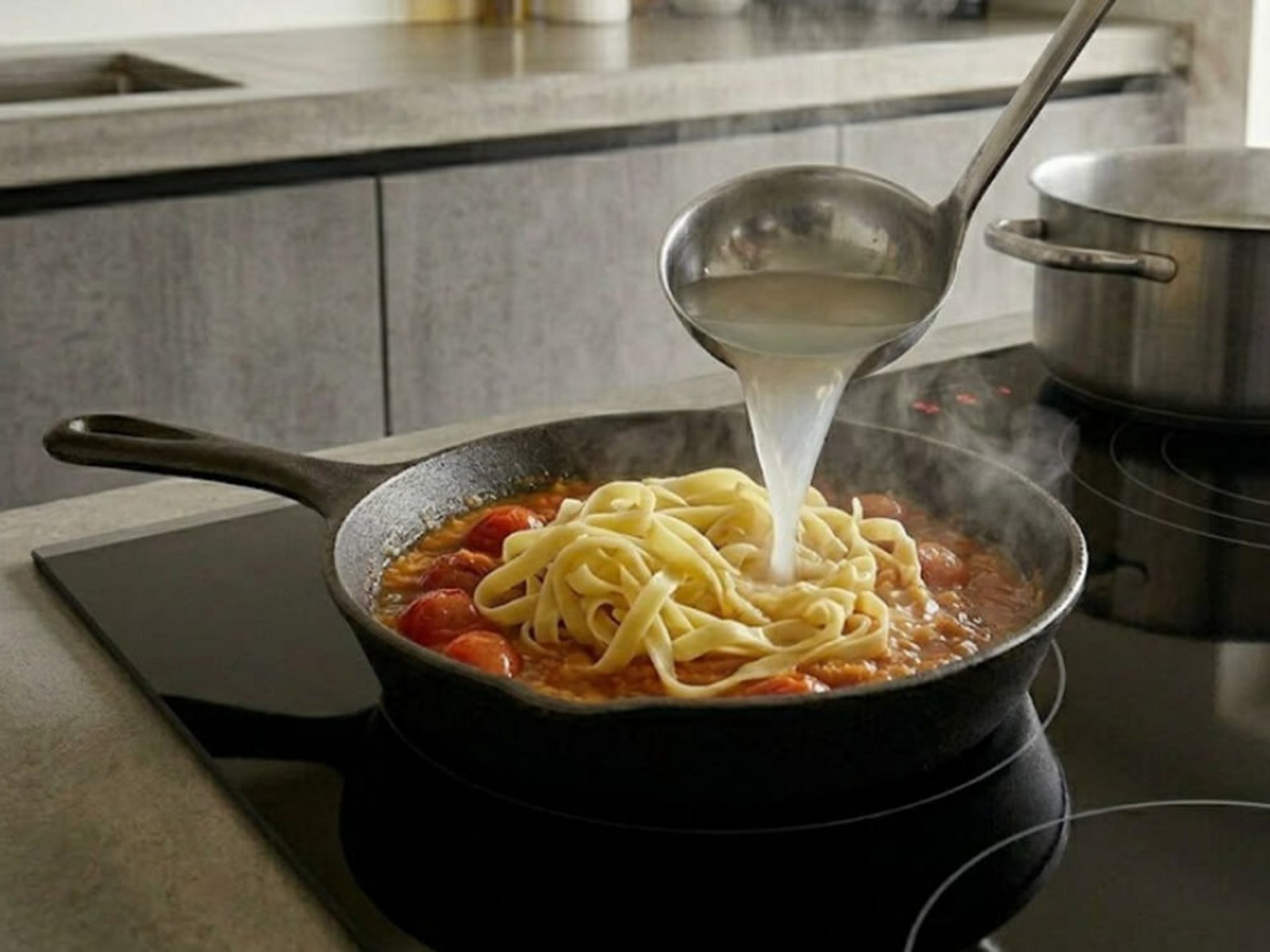 Pasta wird mit Parmesan und Cherrytomaten in einer Pfanne vermengt