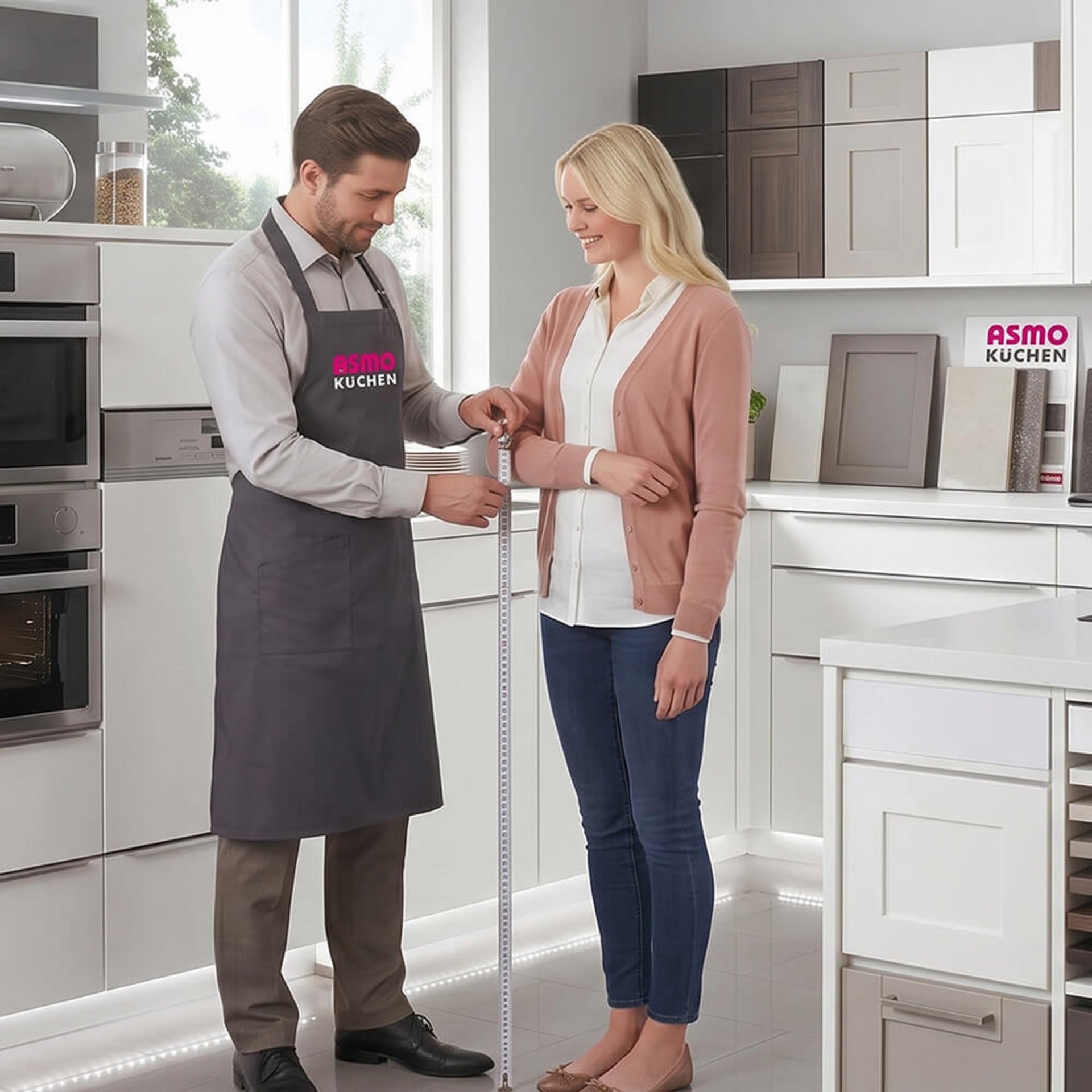 Kundin und Küchenberater besprechen eine ergonomische Küchenplanung für den Alltag