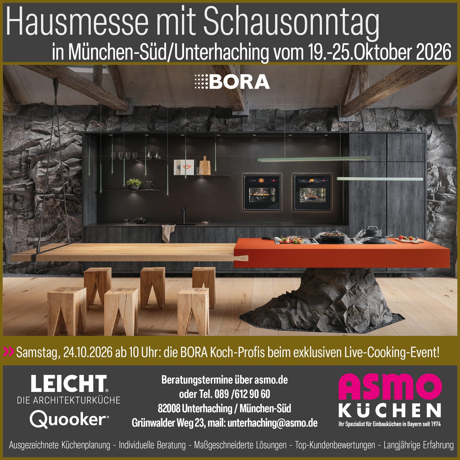 Außergewöhnliche Küche mit Naturstein-Wand, Holzbalken und orangefarbener Kochinsel mit BORA Kochfeld