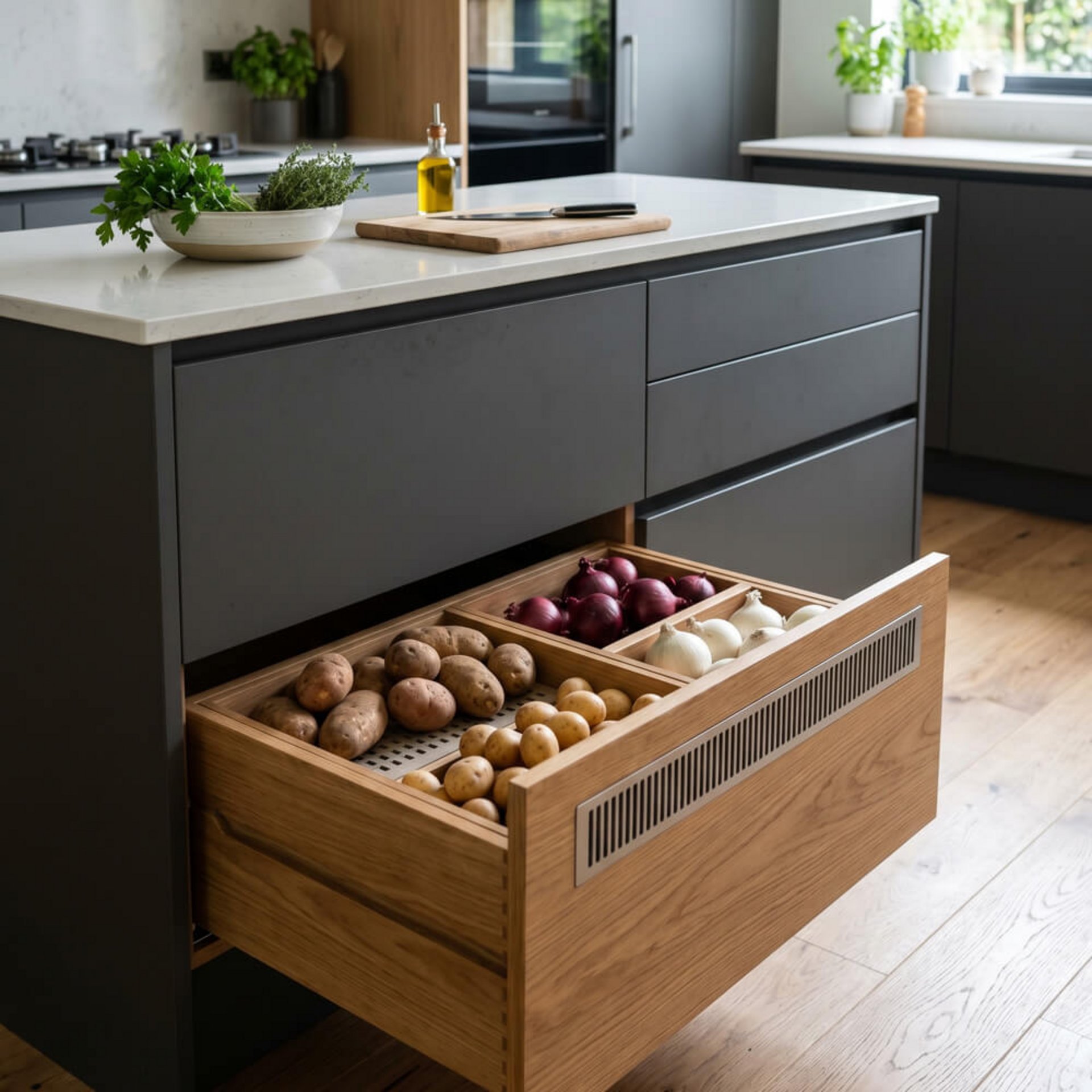 Offene Holzschublade in einer modernen Küche mit Kartoffeln, roten Zwiebeln und weißen Zwiebeln zur richtigen Lagerung
